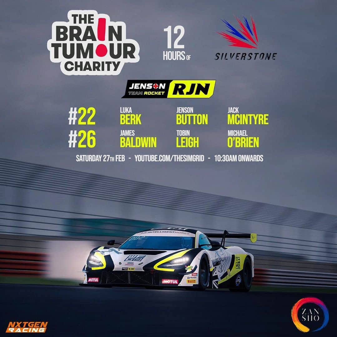 ジェンソン・バトンのインスタグラム：「Looking forward to the @thesimgrid Virtual 12hrs of Silverstone this Saturday with a stacked grid to raise money for @braintumourorg . I’m teaming up with @zanshosimsport @Rocket_Msport Esports stable mates @lukaberk and @jackmcintyreracing , sister car will be driven by @jaaamesbaldwin @michael_obrien_7 @tobin.leigh」