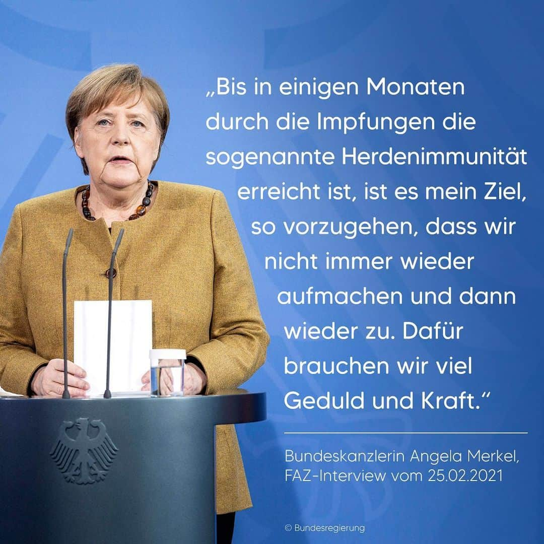 アンゲラ・メルケルのインスタグラム：「„Wir können darüber nachdenken, wie schrittweise Öffnungen aussehen könnten. Ohne die hochansteckenden Mutationen wäre das vergleichsweise einfach möglich“, so Kanzlerin Merkel in einem Interview zur aktuellen Lage in der Corona-Pandemie. Durch die Mutation komme Deutschland in eine dritte Phase der Pandemie, aus der eine dritte Welle entstehen könne. Daher sei es „besser, etwas langsamer zu öffnen, aber dabei die Kontrolle über das Infektionsgeschehen zu behalten.“ . . . #Corona #Pandemie #Öffnungen #Kanzlerin #Merkel #FAZ #Interview」