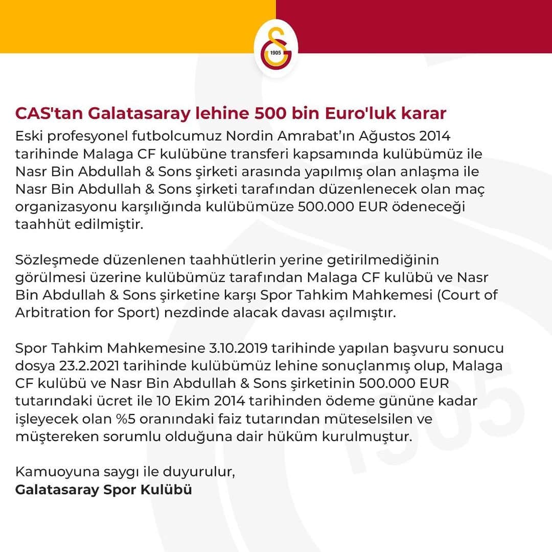 ガラタサライSKさんのインスタグラム写真 - (ガラタサライSKInstagram)「CAS'tan Galatasaray lehine 500 bin Euro'luk karar」2月26日 2時18分 - galatasaray