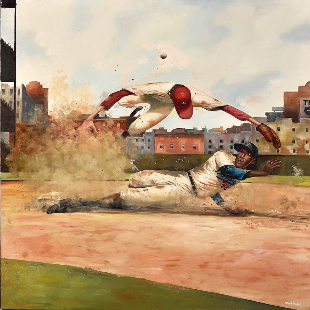 MLBさんのインスタグラム写真 - (MLBInstagram)「Jackie was a trailblazer on and off the field.  We continue our #BlackHistoryMonth artist series with an oil painting honoring the legendary Jackie Robinson.  🎨: “A Tornado Hits 2nd” by @frankmorrison.」2月26日 2時23分 - mlb
