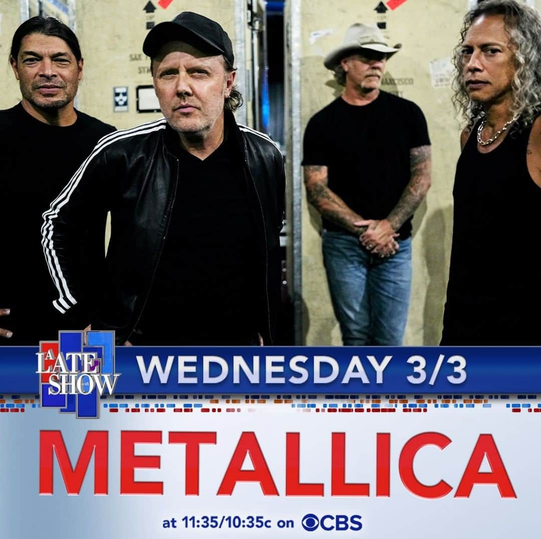 メタリカのインスタグラム：「We’re returning to the @ColbertLateShow on Wednesday, March 3 for another performance! Don’t miss us take the stage - the show starts at 11:35pm/10:35c on @CBSTV.  #LSSC #PlayAtHome @stephenathome」
