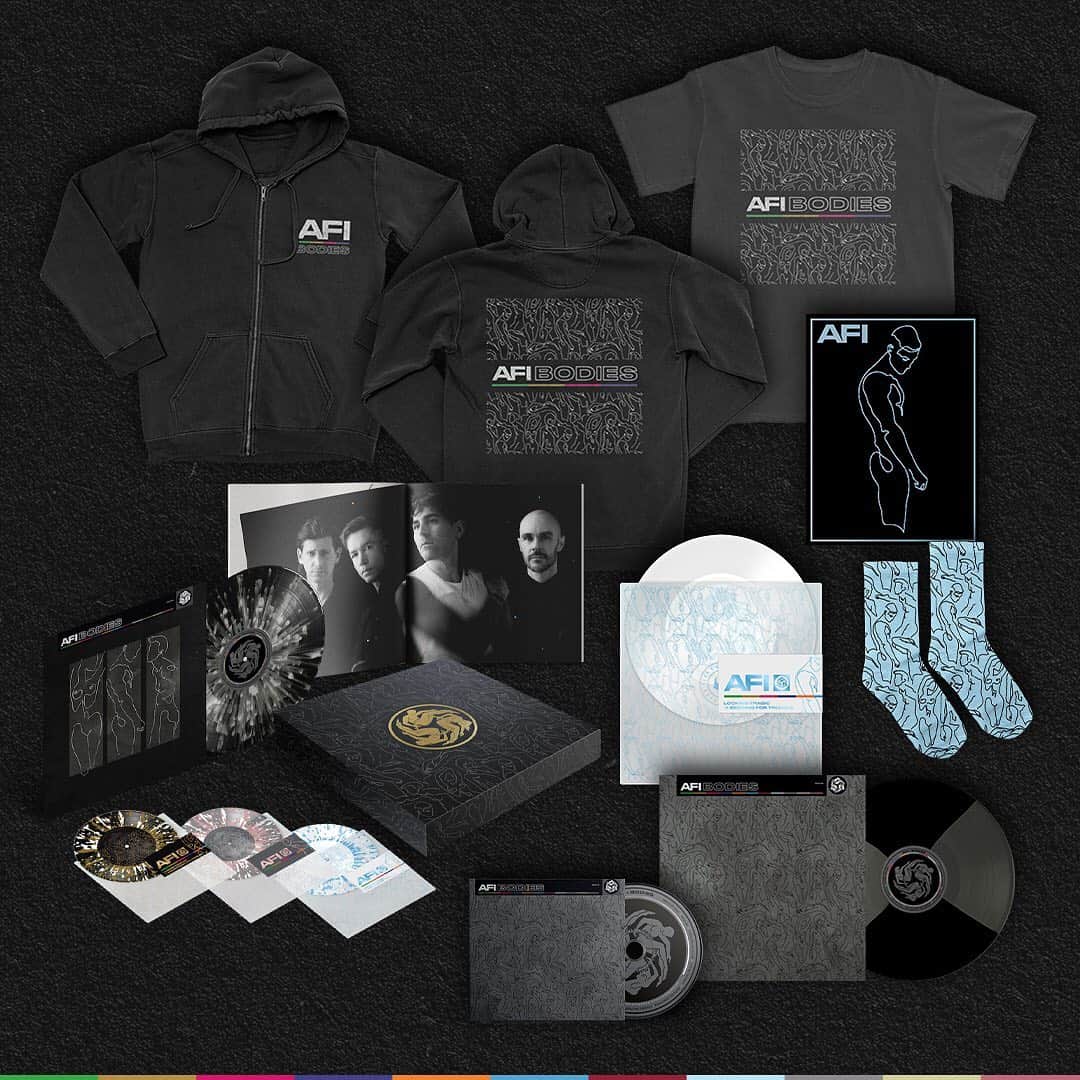 AFIのインスタグラム：「Exclusive #Bodies Vinyl Deluxe Box Set, “Looking Tragic” / “Begging For Trouble” 7" vinyl, and more – Now available for pre-order in our webstore. Link in bio.」