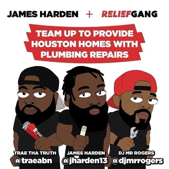 ジェームス・ハーデンのインスタグラム：「HOUSTON!! Anyone who needs help with plumbing in your home hit us up! I’ve connected with @traeabn and @djmrrogers to do whatever it takes to help as many people as we can as soon as we can! One Luv.」
