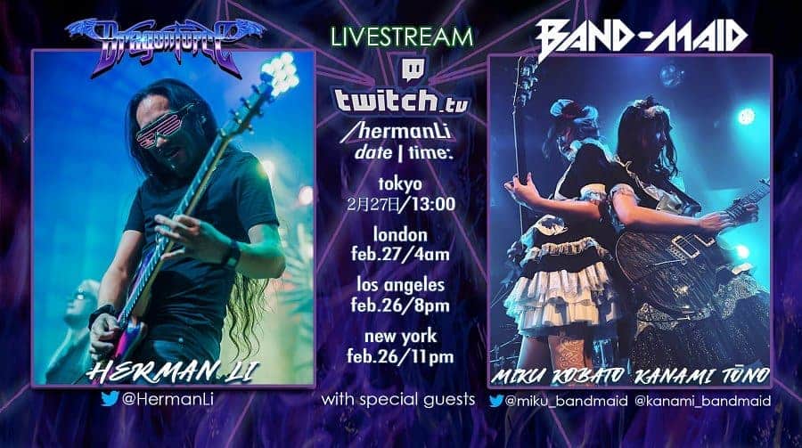 DragonForceのインスタグラム：「My special guests this Friday on @twitch are @kobatomiku & @kanami_bandmaid of @bandmaid.jp ! This extra livestream starts 8pm PT / 11pm ET on http://twitch.tv/hermanli Who will be watching? #dragonforce #hermanli #bandmaid #mikukobato #kanamitono」