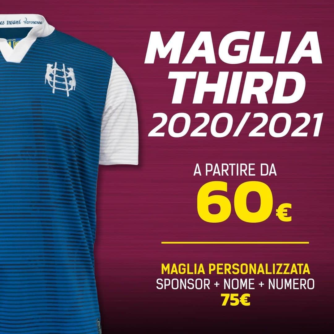 ACキエーヴォ・ヴェローナのインスタグラム：「HOME, AWAY o THIRD? 🤔  Qual è la vostra maglia preferita 2020/21? 💛💙  Sono tutte disponibili sul sito chievostore.com e al @chievoverona_store con prezzi a partire da 60 Euro!  #Ilnostrofolleamor」