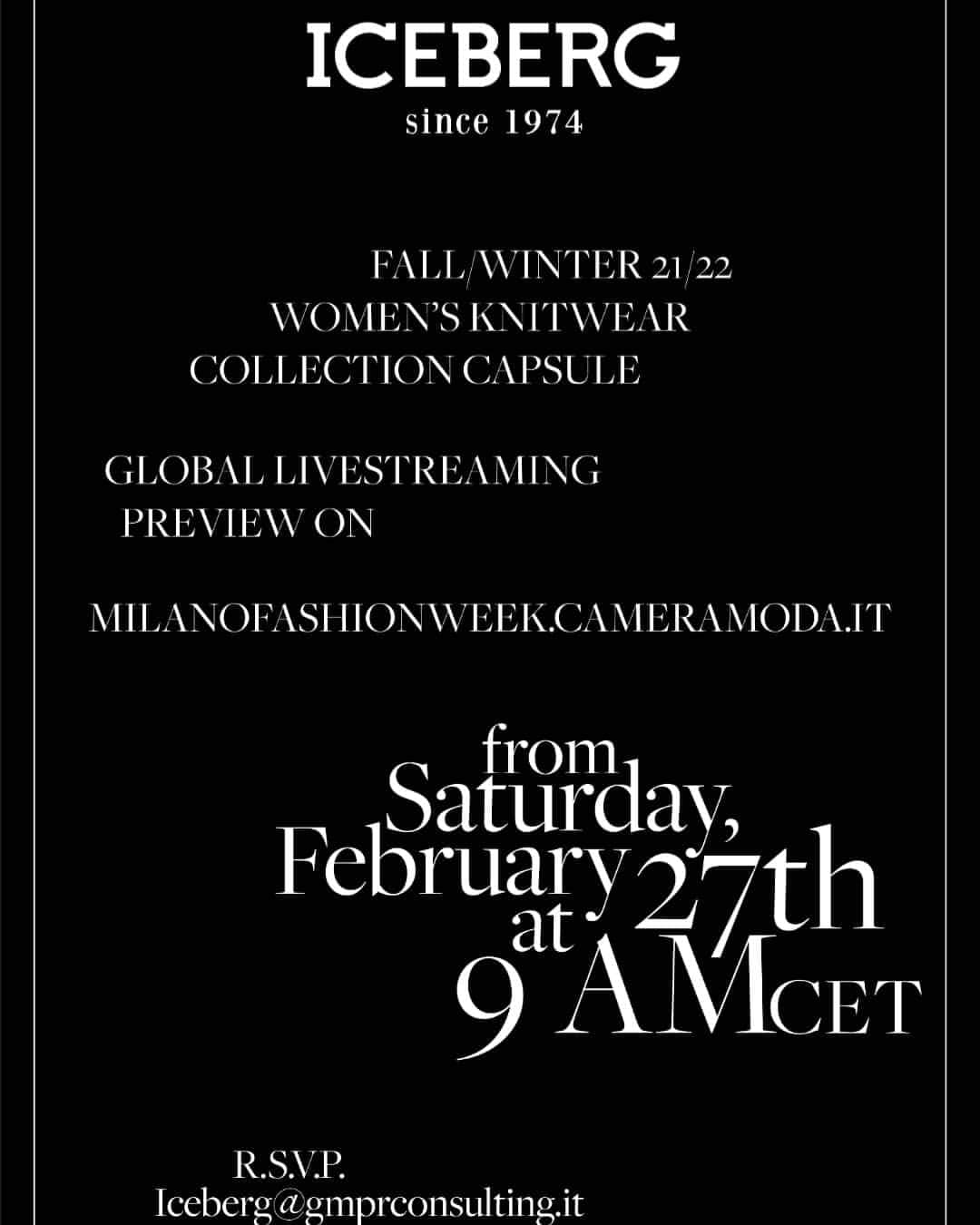 アイスバーグのインスタグラム：「Stay tuned! The new #Iceberg1974 Women's FW21 Knitwear Capsule Collection will be presented on Saturday 27th February at 9AM CET in global live streaming on milanofashionweek.cameramoda.it #FW21 #Knitwear #MFW」