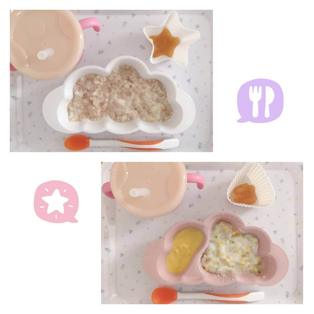白井珠希のインスタグラム：「* * 最近の娘ごはん。 上は1回目〈オートミール＋パン粥＋ツナと、りんごジュレ〉 下は2回目〈野菜ミックス＋鶏のささみ＋お粥のホワイトソース味と、かぼちゃポタージュと、りんごジュレ〉 です🍴 麦茶のストロー飲みも上手になった🙌 * 基本的には素材をバラバラに下準備したものを全部小分けに冷凍しておいて、その時の気分で混ぜて解凍→味付けの流れ。 主食は↑のものを麺類に変えたり。 出来るだけ作る手間とメニューを考える負担を減らしたいので、あるものを適当に混ぜたらそれなりの栄養になるように準備しておいてます◎ 味付けはベビー用の出汁やスープやソースのBFを活用👍 * 夫が在宅の日ともなると、大人の昼食や夕食と合わせてまじでずっと何か作ってる状態になり兼ねないので、省ける手間はどんどん省きたい！ 3回食になると、また素材の形状が変わるし、回数も増えるので、今から不安だぜ……… * ともあれ、小さじ1杯のドロドロなお粥を食べることに苦戦していた初期の頃を考えれば、おどろくほどの量をパクパク食べてくれるようになったので、とても嬉しい！😆✨ * * #離乳食めんどくさい協会 #離乳食中期 #離乳食 #離乳食記録 #離乳食メニュー #あかちゃんのいる生活 #あかちゃんのいる暮らし #育児 #育児記録 #育児日記 #0歳児 #0歳児ママ #ディモア #mamamanma #頑張らない離乳食」