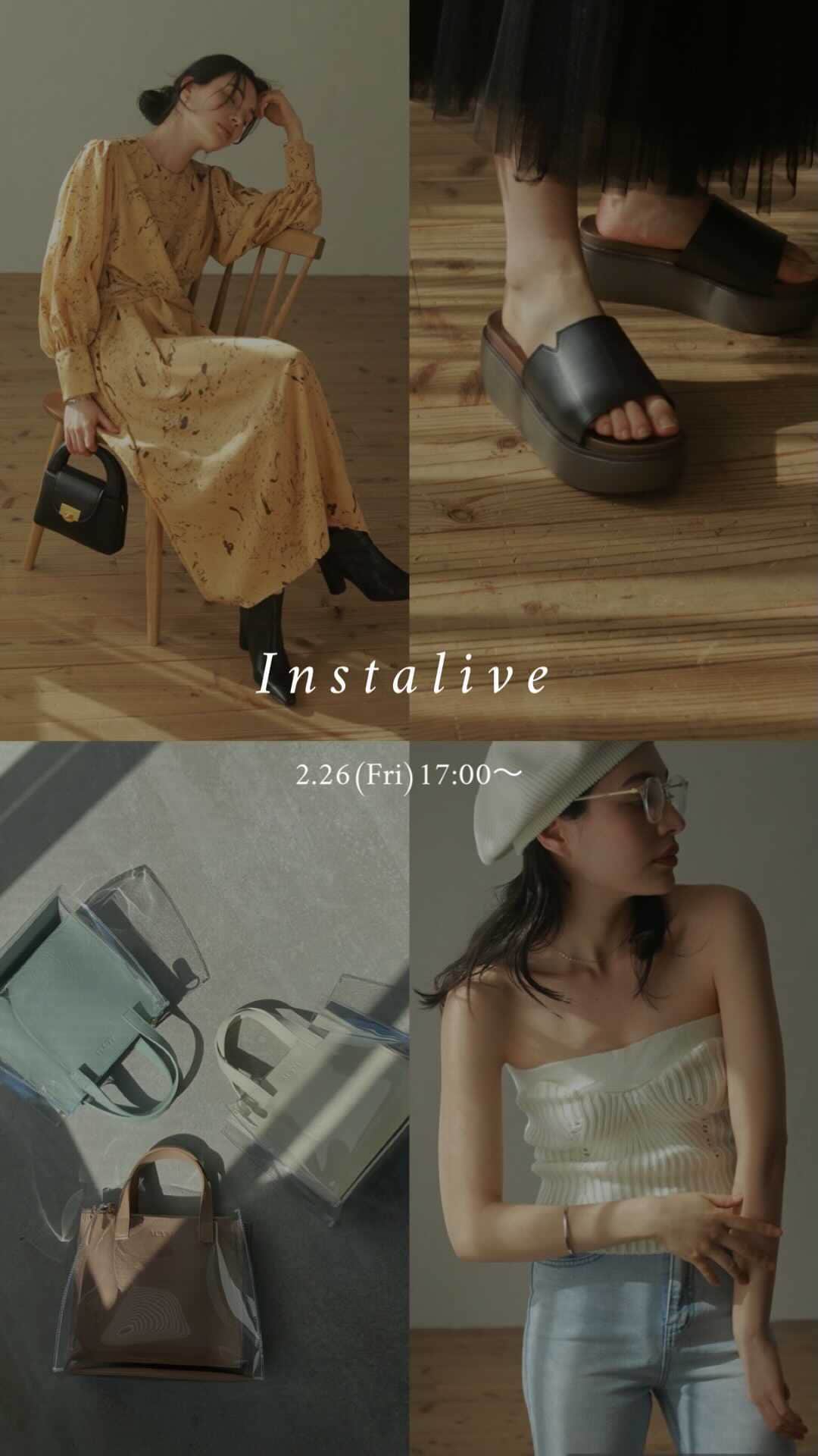 のインスタグラム：「【2/22(Mon)3月PRE ORDER】 Voluume frill nosleeve ブラウス　11,000+tax Lace up bulky トップス 9,000+tax Belt high waist パンツ 11,000+tax Standard mini ニット 4,900+tax  【2/26(Fri)3月PRE ORDER】 Platform band サンダル 10,000+tax Knit rib ビスチェ 4,900+tax Flowwer pattern long dress 10,000+tax Amanda clear color バッグ　9,000+tax . . @sachika_takemura 161cm #ACYM #instalive #インスタライブ」