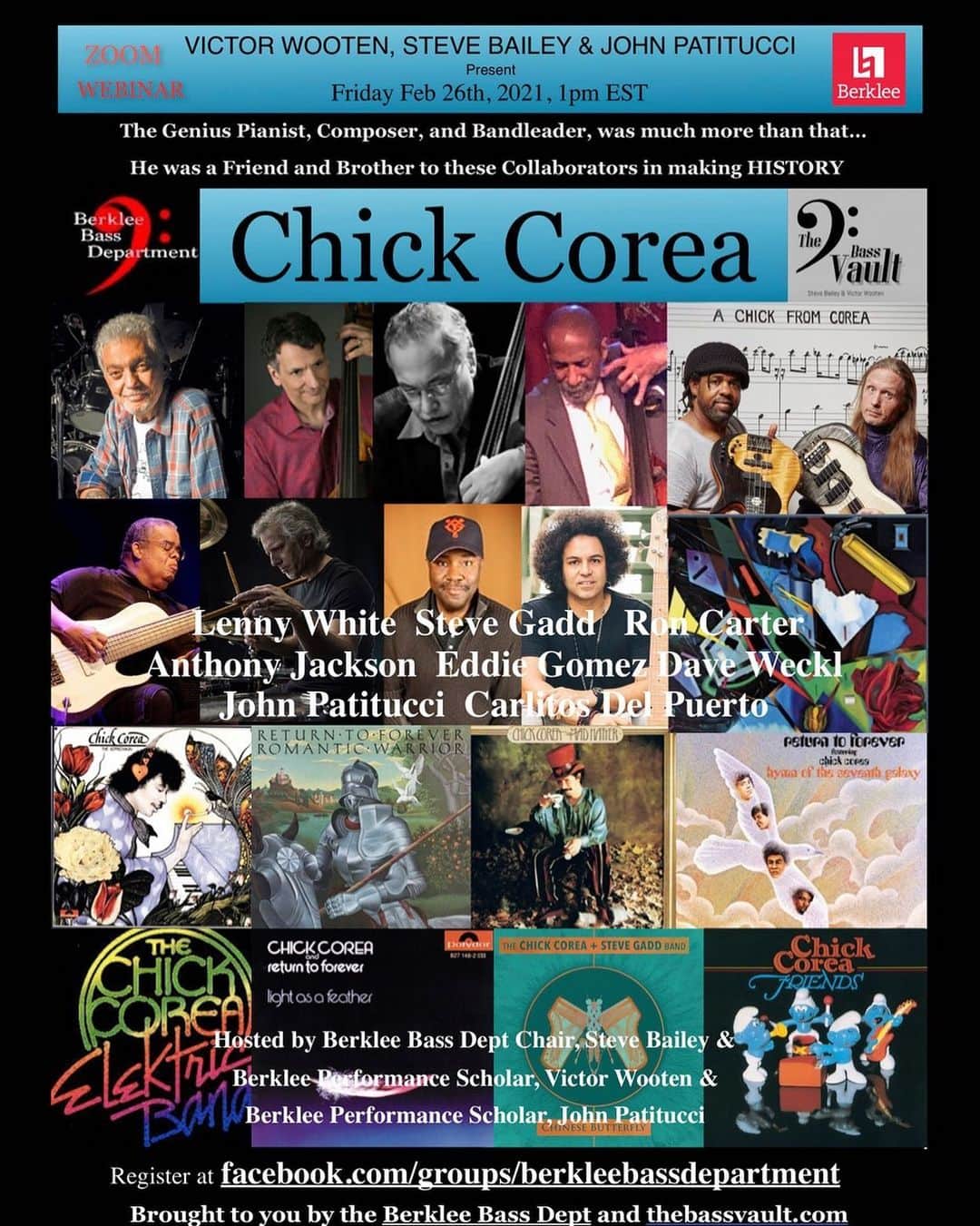 ヴィクター・ウッテンのインスタグラム：「Come Celebrate Chick Corea- Rhythm, Life, and Melody.  Free Webinar Friday.  Registration Link Below.   Chick Corea has had a profound effect on so many lives and our tribute to this Master will illuminate that it goes way beyond Music.   Some of his Rhythm Mates sit down to reflect, remember, laugh, cry, and look back in time, and forward to the future.  Join, Lenny White, Ron Carter, Eddie Gomez, Steve Gadd, Anthony Jackson, John Patitucci, Dave Weckl, and Carlitos Del Puerto...who have helped shape Chick's musical legacy from the 1960's until Today.  LOOK OUT for SOME AMAZING SURPRISE Guests as well!!   Hosted by Victor Wooten and Steve Bailey   Link for Free Event https://berklee.zoom.us/webinar/register/WN_Rgfyqgt-TNGPoqDL5KzjOA」