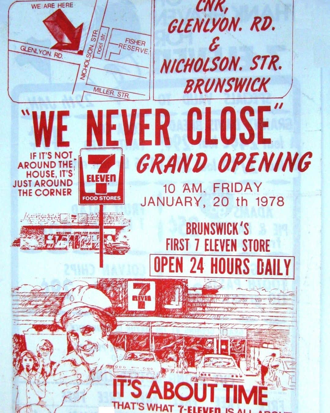 7-Eleven Australiaのインスタグラム：「#FlashbackFriday ⚡ An ad for our first 24-hour store in Brunswick, Melbourne! 😲   To celebrate the opening in 1978, a key was hidden, and a prize provided to the person who found it. It’s been more than 42 years since we've seen that key so no-one claimed the Sanyo AM-FM cassette player... This store is still open today in Brunswick. If you’re nearby, say hi to franchisee Ramez and the team! #7ElevenAus」