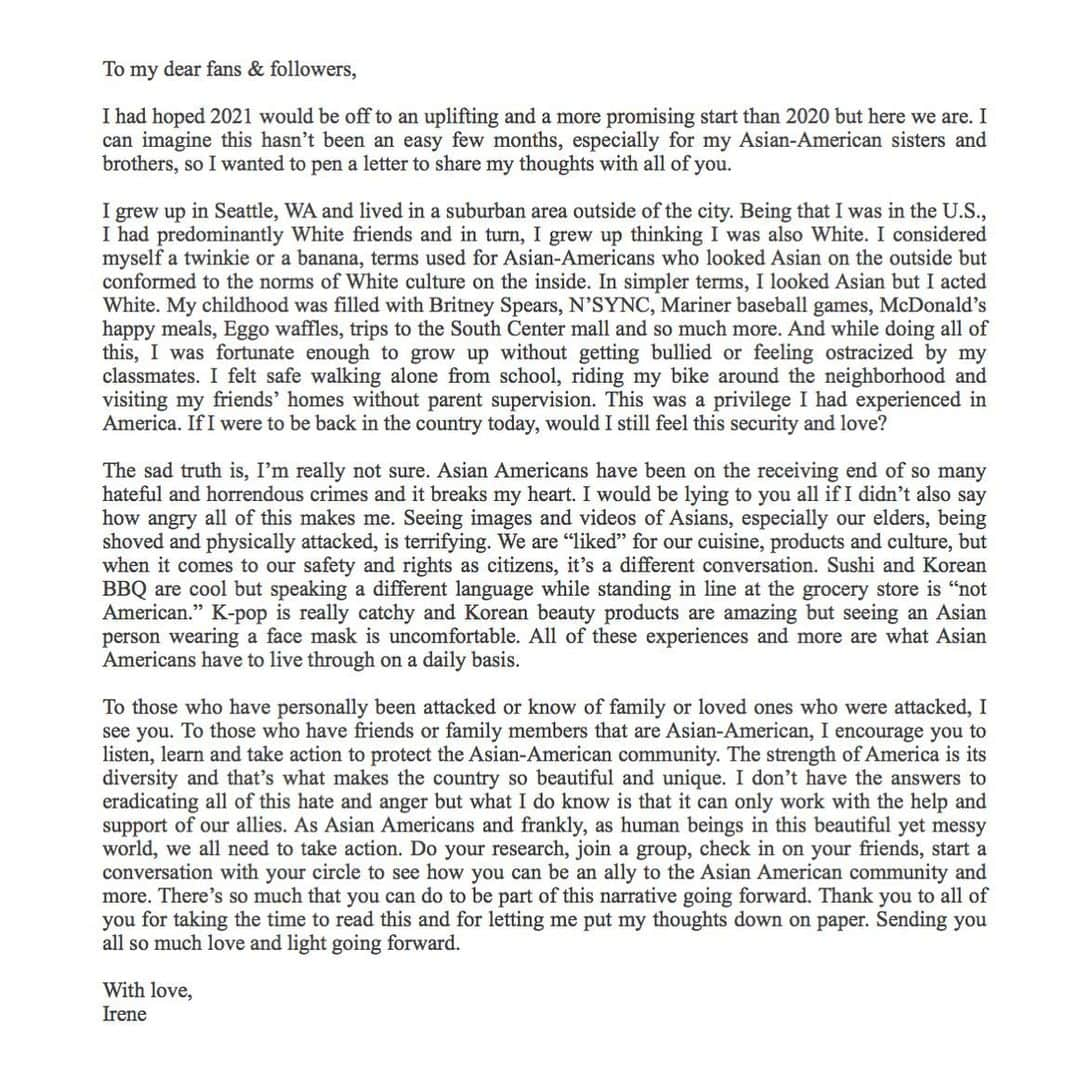 アイリーン・キムさんのインスタグラム写真 - (アイリーン・キムInstagram)「I’m sorry it took so long but I really needed some time to write out my thoughts to you guys. I couldn’t write it all down in a caption❤️  #STOPASIANHATE」2月26日 11時46分 - ireneisgood