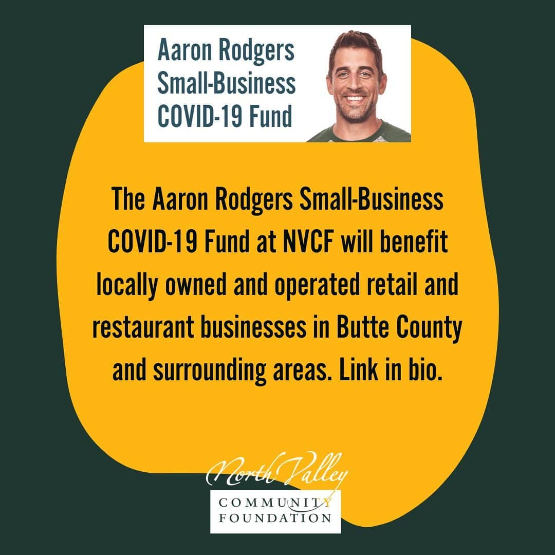 アーロン・ロジャースのインスタグラム：「Hey everyone, I have partnered once again with @northvalleycf to make a difference in Northern California, especially Butte County. We have raised money to support small businesses who have been greatly affected by the pandemic and the rules and regulations put in place in California. In truth, I was greatly inspired by @stoolpresidente and what they have done with @barstoolfund and wanted to continue the incredibly impactful work they have been doing, where I grew up. 💪🏼 I will be posting videos for the next few days of some of the businesses we will be supporting with this fund, hope you enjoy! To donate, or learn more about what we are doing, please click on the link in my bio.  #spreadlove #northvalleycommunityfoundation❤️」