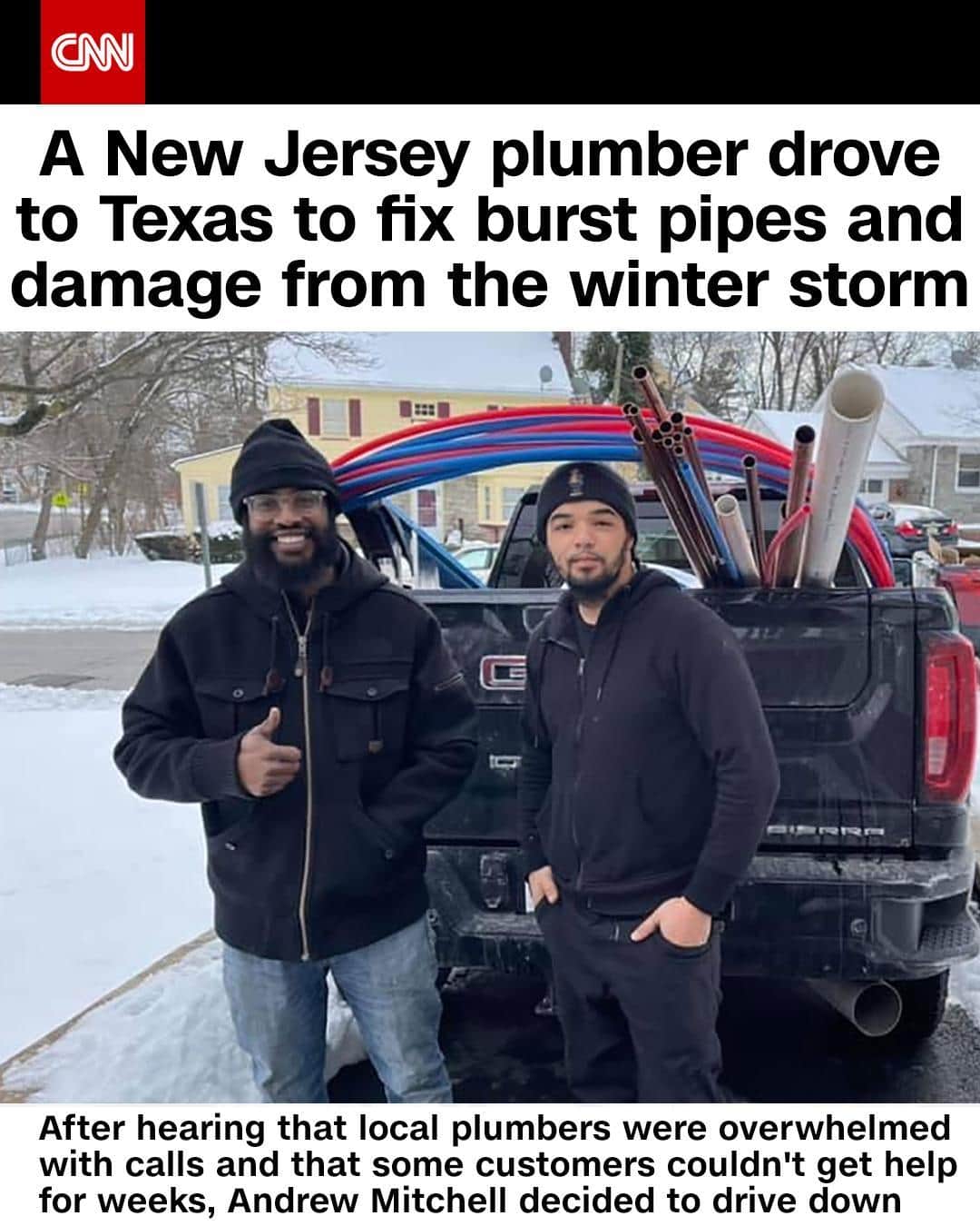 CNNさんのインスタグラム写真 - (CNNInstagram)「Plumbers in Texas have been overwhelmed. So plumber Andrew Mitchell, right, and his apprentice Isaiah Pinnock loaded up on supplies and drove all the way from New Jersey to help out. The duo had planned to return home next week, but said they will stay for about two weeks because they’ve gotten so many calls from people who need their help.“I think that we made a difference, for sure,” Pinnock said.⁠ ⁠ (📸: Courtesy Kisha Pinnock, ESQ.)」2月26日 12時00分 - cnn