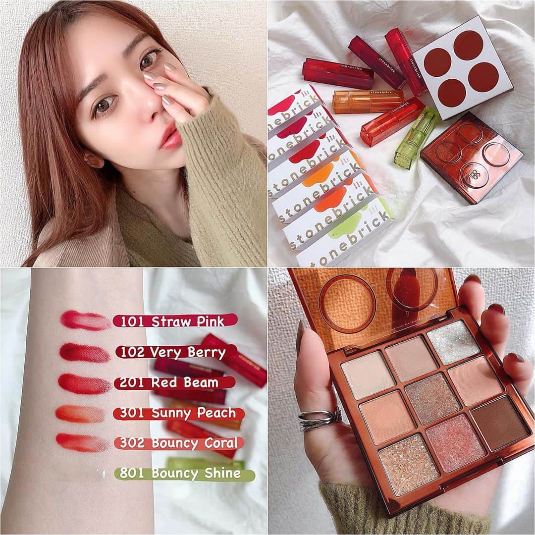 のインスタグラム：「🍑🍑🍑 . Qoo10にショップがある @stonebrick_official から オモチャみたいにカラフルで可愛い コスメをお試ししてみた( ⸝⸝•ᴗ•⸝⸝ ) . ▶Day Log Eye Palette 【01 BOUNCY】 ❶をまぶた全体に ❷を二重幅あたりまで ❸を❷に重ねるようにつけて ❹を下まぶた目尻にぼかす ❺を下まぶた全体にほんのり ❻を上まぶた目尻にぼかして 完成形が3枚目✌︎✌︎✌︎ . 肌なじみの良いコーラル系だから 優しい色味で良き◎😙💕 . ティントは6色の中から 今回は【302 Bouncy Coral】を。 1度塗りしてティッシュオフ 2度塗りしてティッシュオフで コップにも付かないしマスクもOK😷 今の時期どこ行くにもマスク必須やから メイク付いちゃうかも、、とか 気にしなくていいのは強い🙆🏼‍♀️💮 . リップは赤系とか深い色味の方が 個人的には好きだから、102番と201番に 合うメイクもいろいろ研究してみよ‪‪❤︎‬ . @qoo10.official もちょくちょく 可愛いの出るから要チェックだよ🥰🥰 . #qoo10 #qコス #스톤브릭 #ストーンブリック #stonebrick #グロス #ティント #ティントリップ #アイシャドウ #アイシャドウパレット #韓国コスメ #韓国コスメ購入品 #アイメイク #リップメイク #lip」