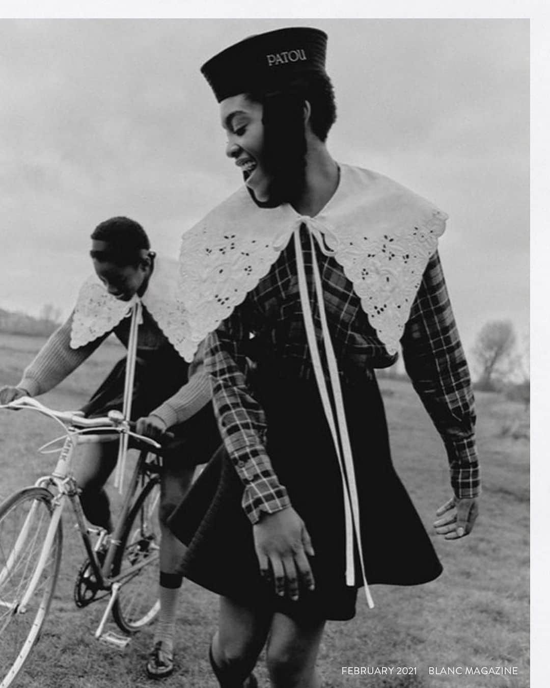 Taki Tanakaのインスタグラム：「PATOU  #可愛いパトゥ  @iza_official  #instorenow SHOPIZA.com #shopizacom  #repost @patou ・・・ A story of sisterhood and friendship... Zoe and Bimpe wear Patou in an editorial story shot for Blanc Magazine.  #Patou @GuillaumeMarcDamienHenry #LesFillesEnPatou #Editorial #BlackAndWhite #Friends  #izastagram」
