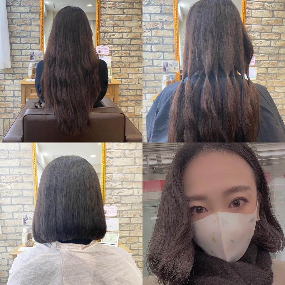 彩咲めいのインスタグラム：「ボサボサ伸びた髪の毛を 久々のヘアドネーション&気分転換に💇‍♀️✨✨ すっきり🌈❤️ 首がすーすーして、まだ慣れてないけど☺️ 前髪は次の時に切ろうかなぁて🐰💜」