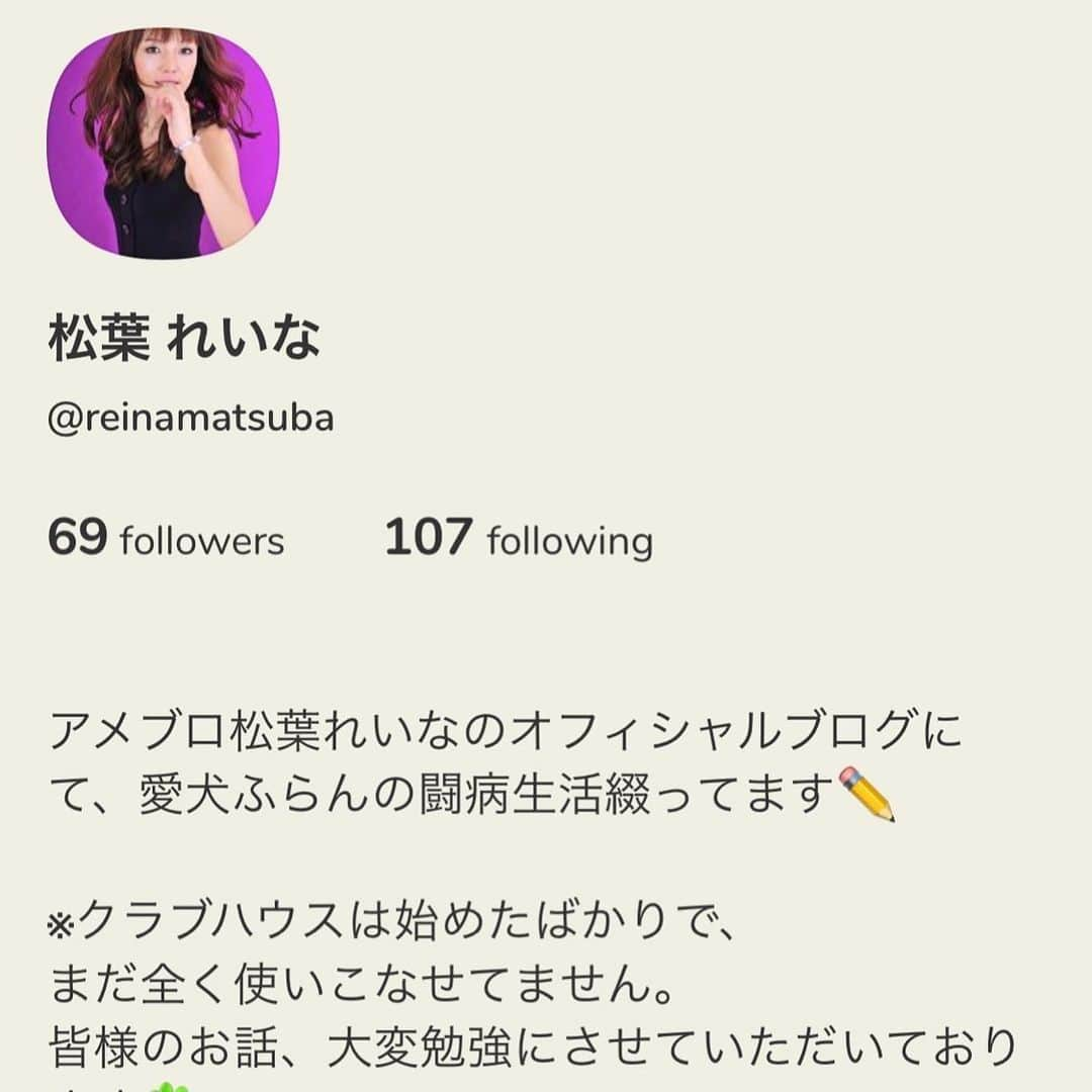 松葉れいなのインスタグラム：「クラブハウスはじめました。 まだ右も左も分からず、聴く専門ですが、 ルーム持ってるお友達は教えて下さいネ☺️ 遊びに行かせていただきます🌸  #クラブハウス　#clubhouse」