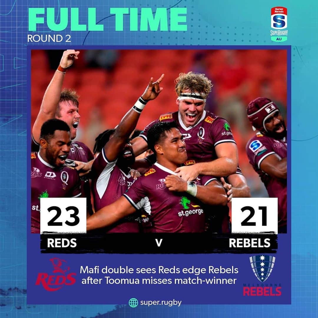 Super Rugbyさんのインスタグラム写真 - (Super RugbyInstagram)「FULL-TIME: @redsrugby steal the win from @melbournerebels after Matt Toomua's 81st minute penalty goes wide! MATCH CENTRE - https://bit.ly/3qVRjrD」2月26日 19時48分 - superrugby