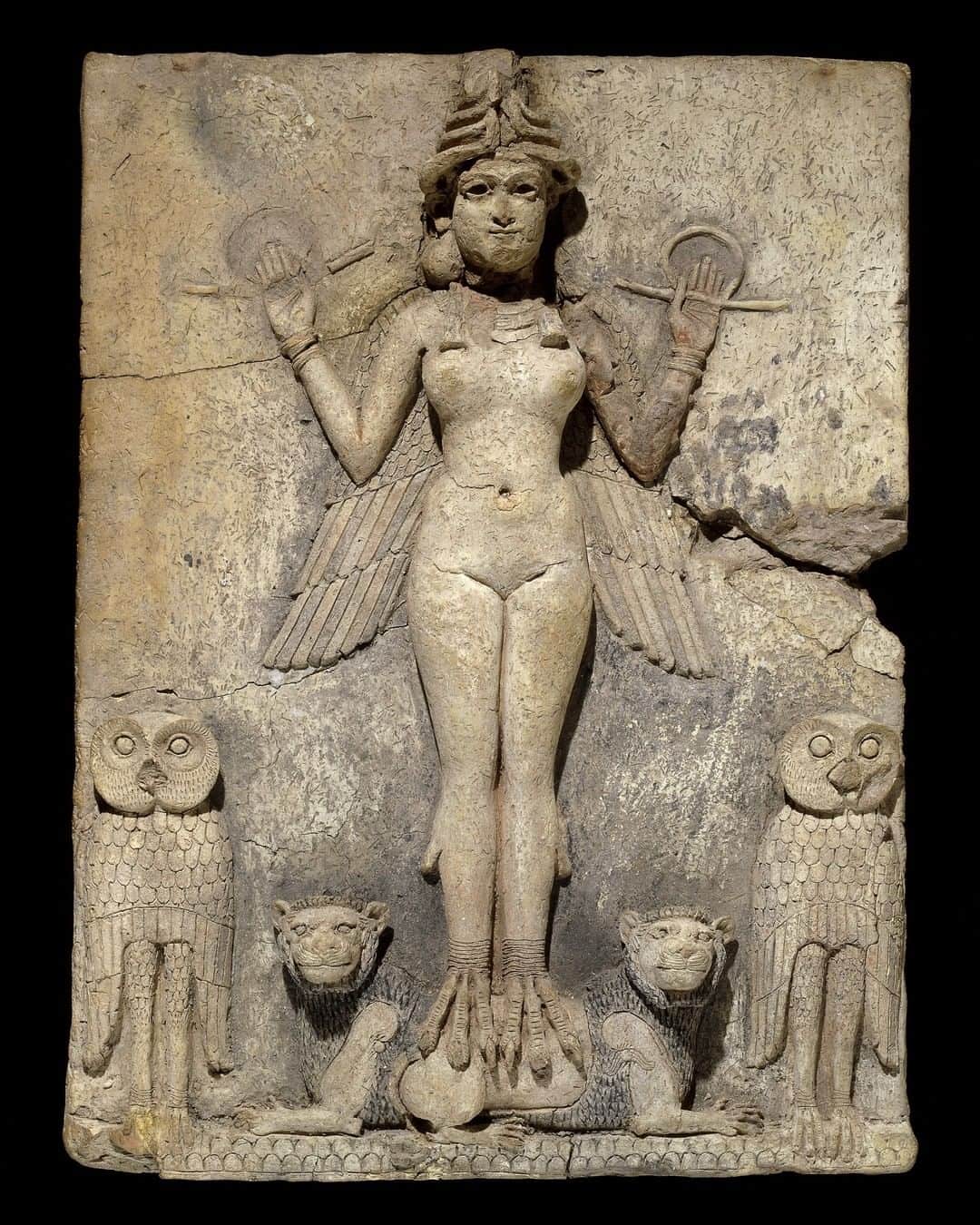大英博物館のインスタグラム：「Ishtar – the Mesopotamian goddess of war and sexual love – had the power to assign gender.  This large plaque of Ishtar dates to between the 18th and 19th centuries BC and the figure of the winged goddess was originally painted red.  Ishtar features on our ‘Desire, love, identity’ trail, highlighting objects in the collection that have a connection to LGBTQ histories. Explore the stories, blogs and videos that these objects have inspired via the link in our bio.  You can also listen to an audio version the trail, available to stream on Apple Music, YouTube Music and Spotify – just search for ‘British Museum’ to find us 🎧  🔎 Old Babylonian ‘Queen of the Night’ plaque. South Iraq, 19th–18th centuries BC.  #LGBTHM #LGBTHistoryMonth #BritishMuseum」