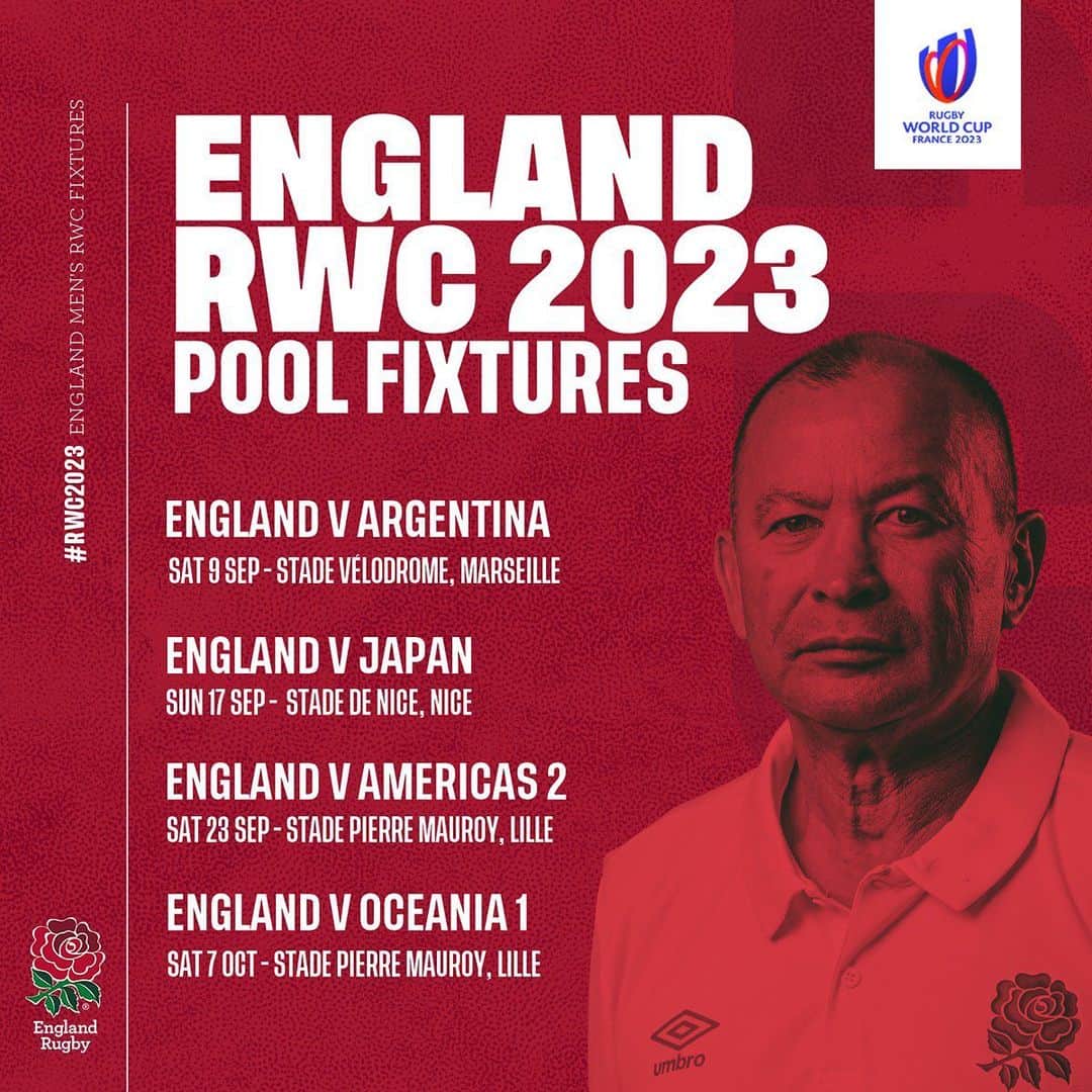 のインスタグラム：「Dates for the diary 🗓 Our #RWC2023 fixtures have been confirmed 🏴󠁧󠁢󠁥󠁮󠁧󠁿🌹  Follow the link in our bio for more ⤴️」