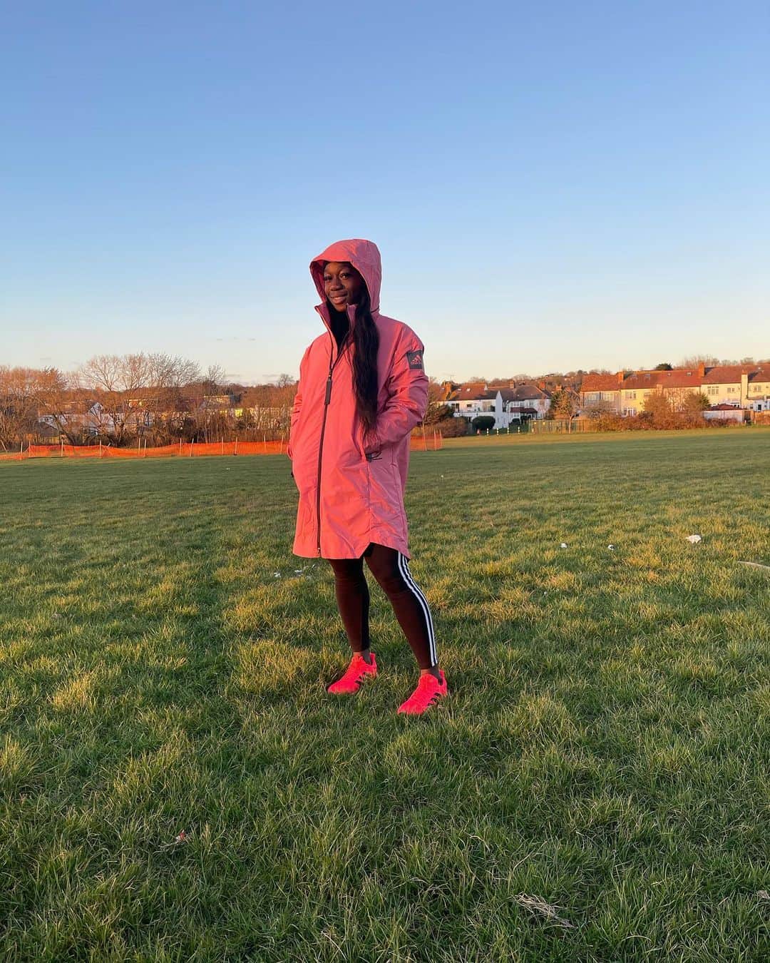 Kristal AWUAHのインスタグラム：「Beautiful day today for a nice stroll in the park on my rest day, wearing my @adidasterrex jacket,and we all know pink is a bit of me ☺️  #4in1 functionality✅🤩  #adidasmyshelter  #createdwithadidas  #windrdy」