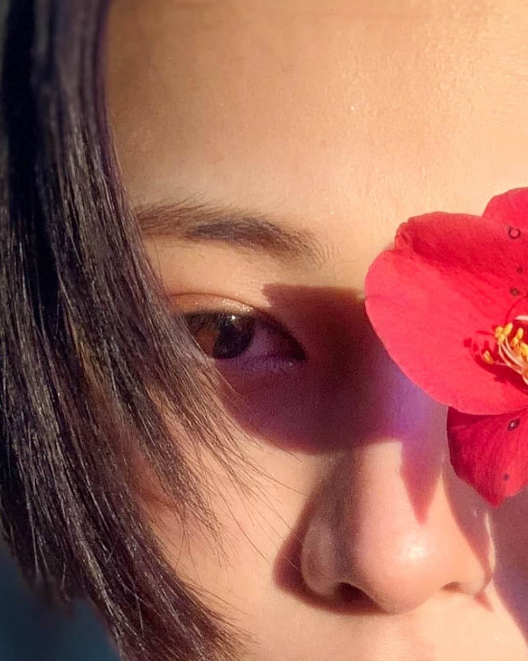 春川芽生のインスタグラム：「ほんでなんかこういう切り抜いた写真もハマってきてる。別にアゴに不在届ついてたとかじゃないねん！ パッション！パッションハイビスカス！！！！！🌺#椿です」