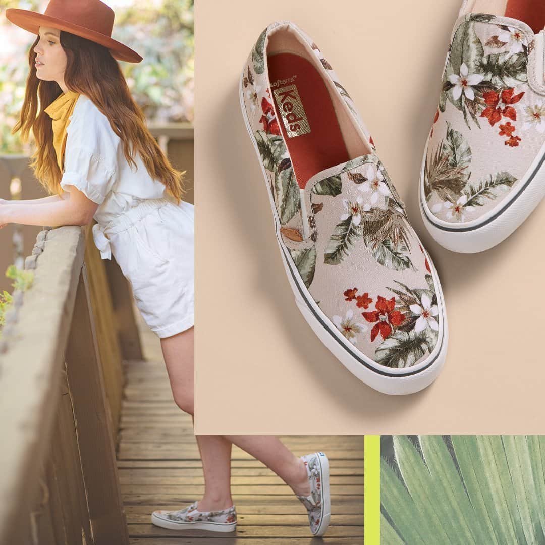 Kedsのインスタグラム：「It’s Friday and we all deserve a tropical vacation. Luckily, catching those carefree island vibes is as easy as stepping into these tropical print sneakers. (Tip: Best paired with sun hat and umbrella drink.) Tap to shop & activate weekend mode.」
