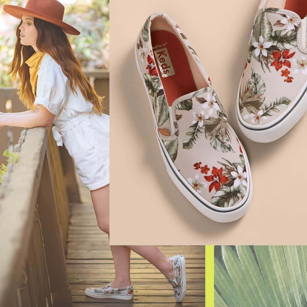 Kedsのインスタグラム：「It’s Friday and we all deserve a tropical vacation. Luckily, catching those carefree island vibes is as easy as stepping into these tropical print sneakers. (Tip: Best paired with sun hat and umbrella drink.) Tap to shop & activate weekend mode.」