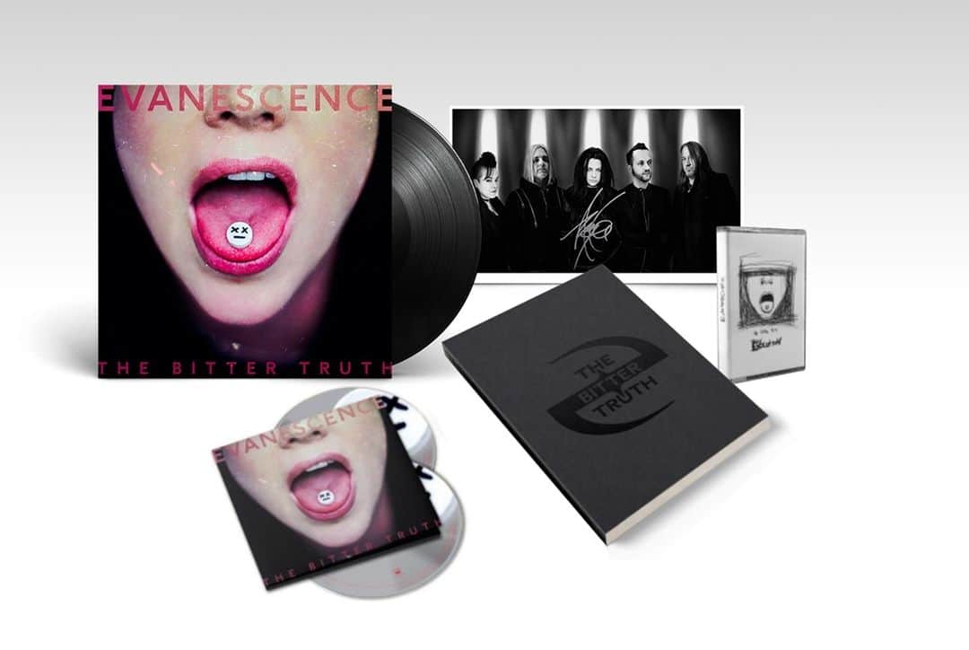 Revolverのインスタグラム：「Evanescence fans, we've got something special for you: an exclusive bundle featuring 'The Bitter Truth' on vinyl, double CD and cassette, plus a journal, print and hand-numbered band photo signed by Amy Lee. Limited to 500 — get yours now by clicking the product sticker or the link in our bio.」