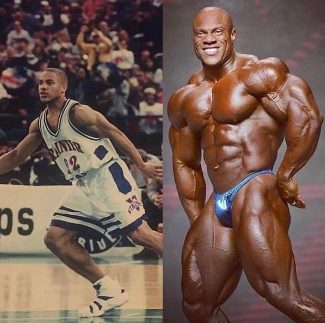 Phil Heathのインスタグラム：「#FlashbackFriday   The left pic:  Age 18.  Location - The Kingdome in Seattle, Wa Date: March 1998  Event: HS State Championship Weight 155lbs Pic on the right. Age: 32 Location: Orleans Arena, Las Vegas, Nevada Date: September 2012 Event: Mr Olympia Weight: 236lbs   These two images share a ton of meaning. The first pic shows a kid, full of ambition, desire and passion! He was the kid who could hit the open 3, but loved defense so much that he took a charge leading to 5 stitches over his right eye during the last minutes of the game. He did come back after swapping jerseys due to the blood spewing out, hitting a free throw and grabbed a key rebound to help win. Final score, Rainier Beach 44 and OLYMPIA high school 40!   The pic on the right was a Man who just filmed his first documentary, nervous as all hell as he was defending his title for the 1st time. He was fueled with energy, yet some heavy anxiety due to not being in that champion position before. He managed to use the grit, the passion and aggressiveness shown on the bball court into a sport that didnt really understand but knew that he was in his perfect place. Hearing the roar from the crowd, has always made him happy but it was until he was at peace with himself that he accepted his role as a champion. He won that show, which provided him more confidence yet humility knowing that he competed against some of the most talented men on earth who gave it their all.   Two pics, two different worlds. The boy on the left created the man on the right. They both share the same DNA, always wanting to perform at the highest level possible.   I am proud of this particular #fbf because I can now appreciate after all these years just who these two people are. Reflecting on their journeys filled with many ups and downs but also celebrating their triumphant moments. I hope you all can reflect on your journey and celebrate even the smallest victories as they can provide you some great encouragement while dealing with new levels of adversity. The obstacles give you an opportunity to explore a new version of self, a person full of perseverance and appreciation for life. Enjoy your weekend.   Love to All!」