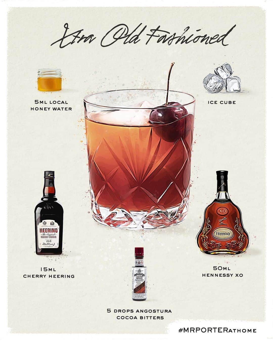 MR PORTERのインスタグラム：「You've made it to Friday - congratulations. We're getting ready to toast to another working week and relax into the weekend. For tonight's cocktail hour we're mixing up an Xtra Old Fashioned 🍒 Below we've listed everything you'll need to prep one with us. #MRPORTERatHome  50ml @Hennessy XO 15ml Cherry Heering 5 drops Angostura Cocoa bitters 5ml local honey water*  Here's how to make it:  Add all to mixing glass, stir over ice for 15 seconds. Fine strain into ice filled glass rocks glass. Spray a little touch of orange oil on the surface of the cocktail using an orange twist. Garnish with your cherry and enjoy.  *to make honey water, simply add 3 parts honey to one part hot water and stir until each become one solution.  Shop the story: L'OBJET - Haas Mojave Palm Scented Candle, 350g  LE GRAMME - Le 5 Polished 18-Karat Gold Ring L'OBJET - + Haas Lynda Porcelain and Gold-Plated Plate Set」