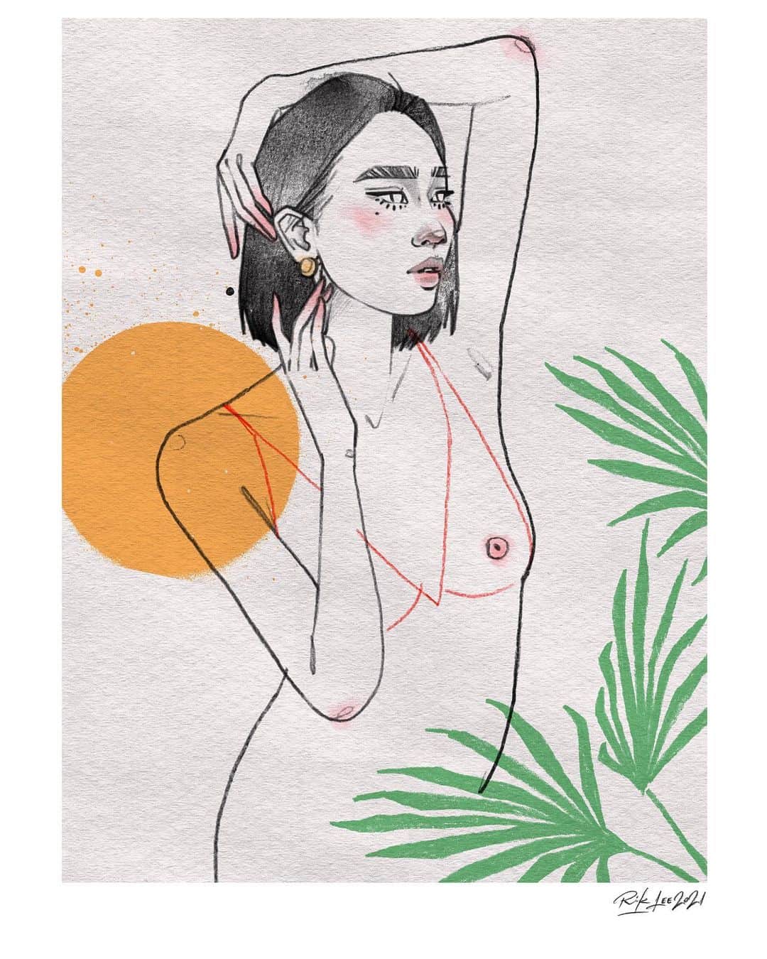Rik Leeのインスタグラム：「Sun Seeker. ☀️ . The last in a recent series of conte pencil figure studies.  . #riklee #illustration #sketch #figurestudy #lifedrawing #art #tropical #beauty #graphicdesign」