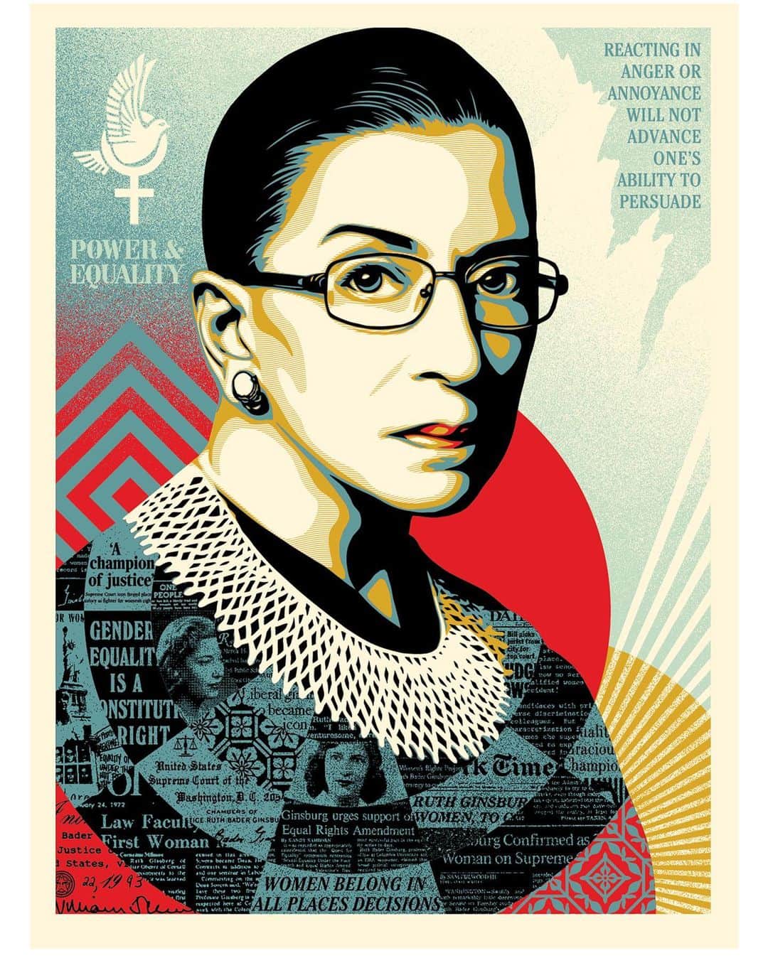 Shepard Faireyさんのインスタグラム写真 - (Shepard FaireyInstagram)「Ruth Bader Ginsburg is a hero of mine because she was a low-key radical. She encountered gender discrimination in her personal life which she overcame with perseverance and professional excellence, allowing her to infiltrate the male-dominated system and change that system from within to benefit women's rights and equality under the law. Ginsburg's accomplishments are inspiring, including founding the Women's Rights Project at the American Civil Liberties Union before being appointed to the Supreme Court in 1993. Ginsburg was a champion of justice philosophically, but she worked tirelessly to manifest her ideas about justice in real-world policies. RBG was legendary for her work ethic, getting by on only a few hours of sleep and prolifically writing important opinions, often dissenting powerfully. Justice Ginsburg always stood up for equality with a degree of dignity and civility that was unassailable. I admire her ability to work with people she disagreed with and attempt to win them over rather than react with anger. Ruth Bader Ginsburg, thank you for being a role model in both style and substance. I'm donating proceeds from the sale of these prints to the League of Women Voters because of their continuous work to inform the public to be active participants in democracy. -Shepard  A CHAMPION OF JUSTICE (Ruth Bader Ginsburg). Screen print on thick cream Speckletone paper. Original Photo by @ruvenafanador. Signed by Shepard Fairey. Numbered edition of 500. Proceeds go to @leagueofwomenvoters. Available on Tuesday, March 2nd @ 10 AM (18 x 24) and 1 PM (24 x 36) PT at https://store.obeygiant.com/collections/prints. Max order: 1 per customer/household. International customers are responsible for import fees due upon delivery.⁣ Shipping may be delayed due to COVID19. ALL SALES FINAL.   18 x 24 inches $80 @ 10am PT 24 x 36 inches $120 @ 1pm PT」2月27日 12時23分 - obeygiant