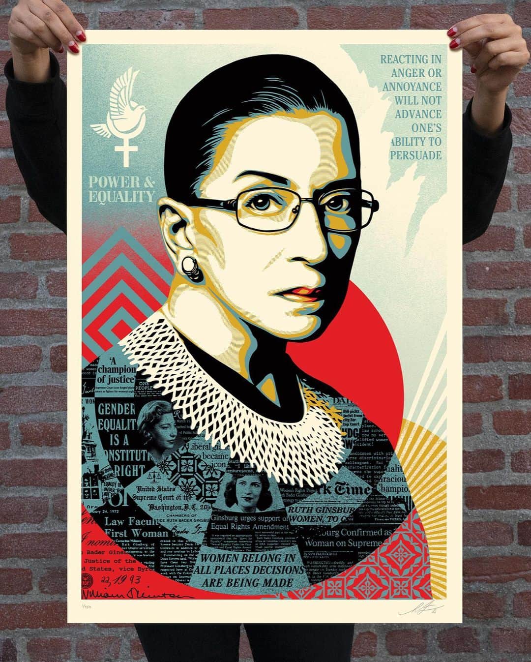 Shepard Faireyさんのインスタグラム写真 - (Shepard FaireyInstagram)「Ruth Bader Ginsburg is a hero of mine because she was a low-key radical. She encountered gender discrimination in her personal life which she overcame with perseverance and professional excellence, allowing her to infiltrate the male-dominated system and change that system from within to benefit women's rights and equality under the law. Ginsburg's accomplishments are inspiring, including founding the Women's Rights Project at the American Civil Liberties Union before being appointed to the Supreme Court in 1993. Ginsburg was a champion of justice philosophically, but she worked tirelessly to manifest her ideas about justice in real-world policies. RBG was legendary for her work ethic, getting by on only a few hours of sleep and prolifically writing important opinions, often dissenting powerfully. Justice Ginsburg always stood up for equality with a degree of dignity and civility that was unassailable. I admire her ability to work with people she disagreed with and attempt to win them over rather than react with anger. Ruth Bader Ginsburg, thank you for being a role model in both style and substance. I'm donating proceeds from the sale of these prints to the League of Women Voters because of their continuous work to inform the public to be active participants in democracy. -Shepard  A CHAMPION OF JUSTICE (Ruth Bader Ginsburg). Screen print on thick cream Speckletone paper. Original Photo by @ruvenafanador. Signed by Shepard Fairey. Numbered edition of 500. Proceeds go to @leagueofwomenvoters. Available on Tuesday, March 2nd @ 10 AM (18 x 24) and 1 PM (24 x 36) PT at https://store.obeygiant.com/collections/prints. Max order: 1 per customer/household. International customers are responsible for import fees due upon delivery.⁣ Shipping may be delayed due to COVID19. ALL SALES FINAL.   18 x 24 inches $80 @ 10am PT 24 x 36 inches $120 @ 1pm PT」2月27日 12時23分 - obeygiant
