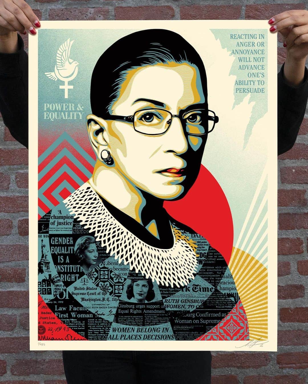 Shepard Faireyのインスタグラム：「Ruth Bader Ginsburg is a hero of mine because she was a low-key radical. She encountered gender discrimination in her personal life which she overcame with perseverance and professional excellence, allowing her to infiltrate the male-dominated system and change that system from within to benefit women's rights and equality under the law. Ginsburg's accomplishments are inspiring, including founding the Women's Rights Project at the American Civil Liberties Union before being appointed to the Supreme Court in 1993. Ginsburg was a champion of justice philosophically, but she worked tirelessly to manifest her ideas about justice in real-world policies. RBG was legendary for her work ethic, getting by on only a few hours of sleep and prolifically writing important opinions, often dissenting powerfully. Justice Ginsburg always stood up for equality with a degree of dignity and civility that was unassailable. I admire her ability to work with people she disagreed with and attempt to win them over rather than react with anger. Ruth Bader Ginsburg, thank you for being a role model in both style and substance. I'm donating proceeds from the sale of these prints to the League of Women Voters because of their continuous work to inform the public to be active participants in democracy. -Shepard  A CHAMPION OF JUSTICE (Ruth Bader Ginsburg). Screen print on thick cream Speckletone paper. Original Photo by @ruvenafanador. Signed by Shepard Fairey. Numbered edition of 500. Proceeds go to @leagueofwomenvoters. Available on Tuesday, March 2nd @ 10 AM (18 x 24) and 1 PM (24 x 36) PT at https://store.obeygiant.com/collections/prints. Max order: 1 per customer/household. International customers are responsible for import fees due upon delivery.⁣ Shipping may be delayed due to COVID19. ALL SALES FINAL.   18 x 24 inches $80 @ 10am PT 24 x 36 inches $120 @ 1pm PT」