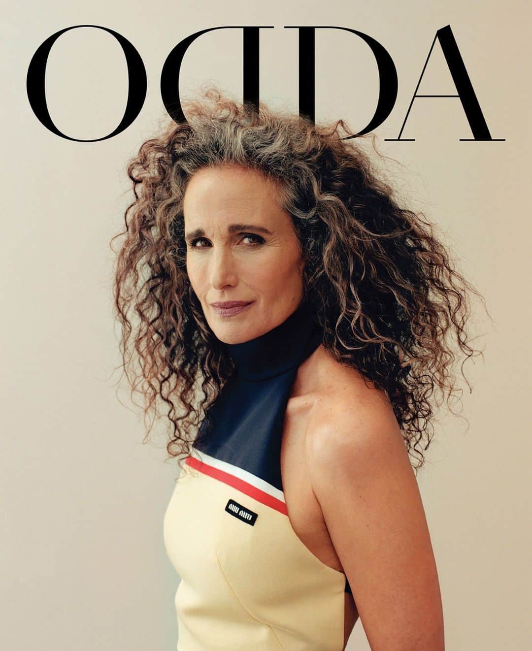 のインスタグラム：「A new perspective on sportswear: @AndieMacDowell wearing #MiuMiuSS21 collection on the cover of @OddaMagazine.  Photography by #JustinAranha Styling by #MariaElenaMorelli  #MiuMiuEditorials #MiuMiuGirls」