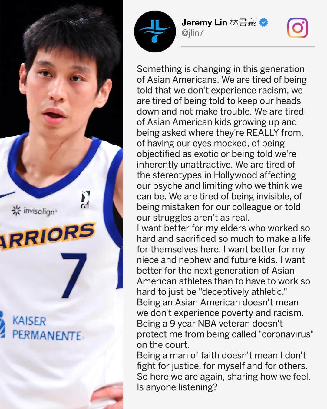 espnのインスタグラム：「"Being a 9 year NBA veteran doesn't protect me from being called 'coronavirus' on the court." Jeremy Lin detailed the racism that he and other Asian Americans have experienced. #StopAsianHate (via @jlin7)」