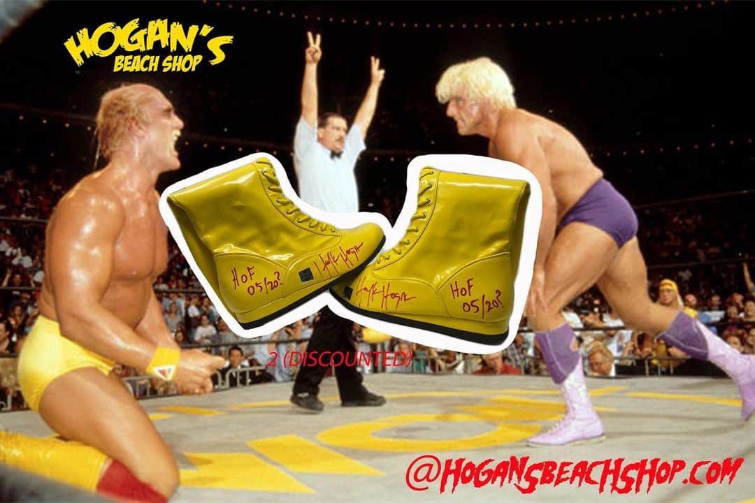 ハルク・ホーガンのインスタグラム：「🟡We have 2 Signed Yellow Costume Boots on Sale Now @hogansbeachshop both come with are Official Hologram Stickers🙌(LINK IS IN OUR BIO) • @hulkhogan  • @hogansbeachshop  🌐 https://hogansbeachshop.com/products/discounted-costume-boots-autographed?_pos=1&_sid=f3aa71773&_ss=r」