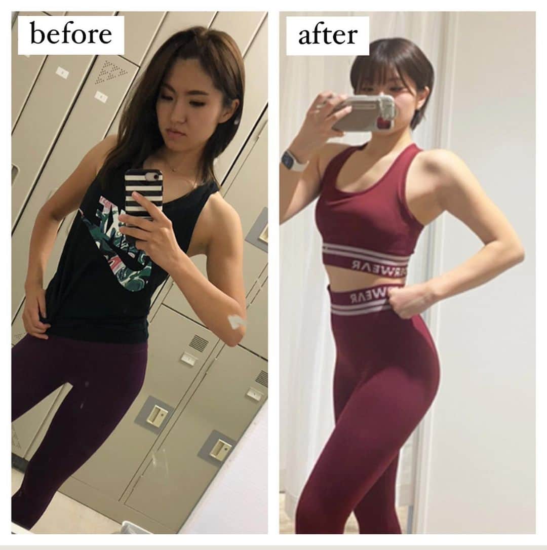 ほなみのインスタグラム：「【ほなみのbefore after】 . 昨日ラジオでもお話しさせてもらったけど　 私も全然メリハリなかったの！☺︎ . そして身体のバランスって本当に大切だなあと、 私自身、写真見比べて改めて。 . バランスよく全身鍛えたことで 一番変わったことは、 顔小さい！って言われるようになったこと💓 私生まれてきて顔が小さいなんて 言われたことなかったんだけど… （小さい頃頭デカすぎて三頭身と言われていた.笑） . 背中と肩を鍛えると ウエストも細く、顔も小さく見える☺️ . ちなみにこの見せ方すると すごいフィットネスしてます。の人に 見えるけど、普通にしてたらこんな感じ（2枚目） 見せ方も大切だよ〜✌️笑 . 今の方が100%健康で よく食べ、よく動いております🌿 表情も違う気がするな☺︎ この時の私もとても頑張っていたんだけど 今は一歩進んだ頑張り方ができている☺️ . 朝から少し嬉しくなった♡ 皆さんには私の遠回りした経験を 最短近道でお伝えしていきますね😊 . 今日も何かが変わる瞬間に携われますように☺︎」