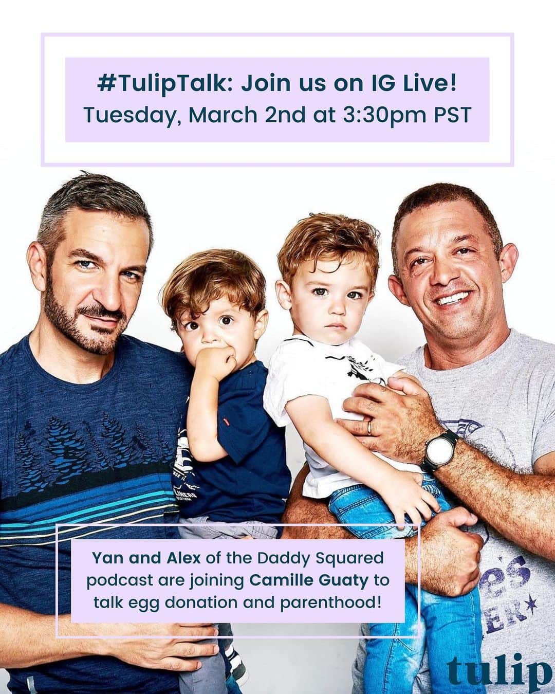 カミーユ・グアティのインスタグラム：「I’m so excited for this #iglive! Yan and Alex from #daddysquared the Gay Dads Podcast will join me Tuesday, March 2nd to talk about their journey to parenthood, choosing an egg donor and what it’s like raising toddlers in a pandemic!   If you’re an #LGBT couple and looking to start a family, I highly suggest listening to their podcast...super informative @yanirdekel   If you’re searching for an egg donor take a peek @tulipfertility they are one of the largest online databases of trusted donors!  Or tune in to our IGLive Tuesday March 2nd at 3:30 PST.   #LGBT #eggdonor #deivfjourney #gaydads #eggdonorjourney #surrogacy #parenting #parentingtips #podcasts #tuesday #pandemic #tulipfertility #lgbtcommunity」