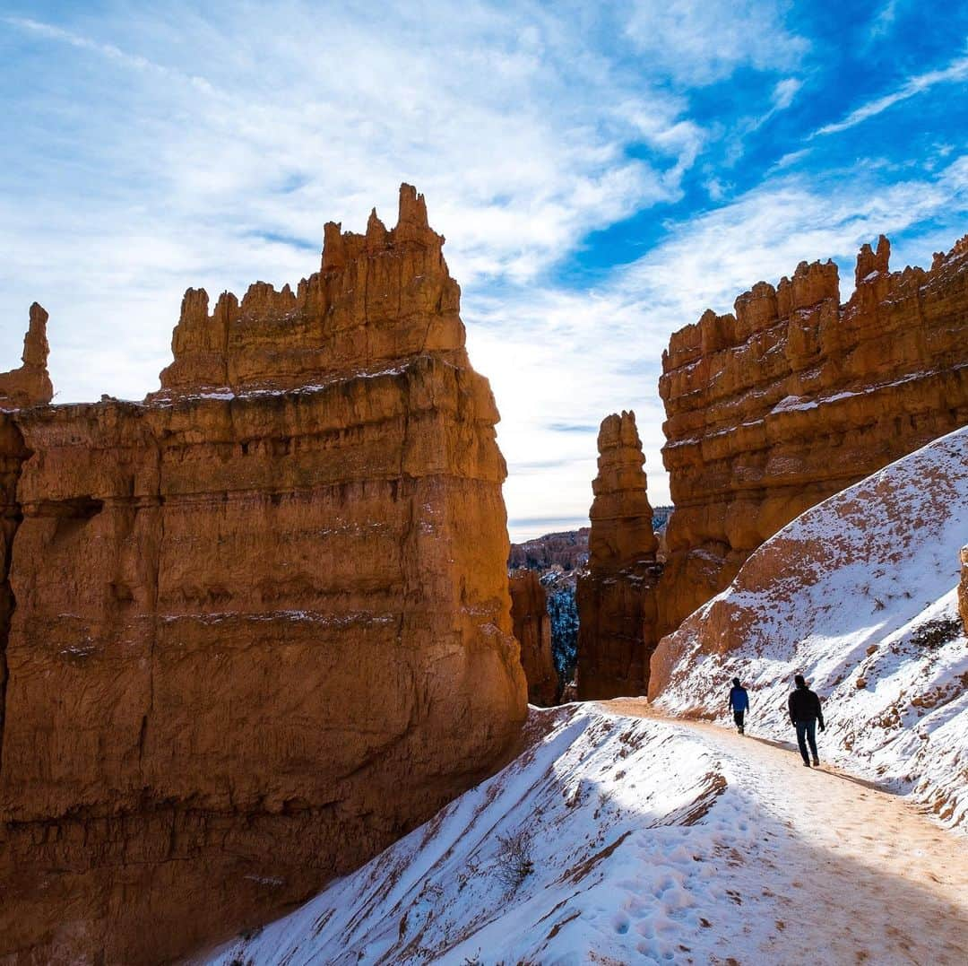 アメリカ内務省さんのインスタグラム写真 - (アメリカ内務省Instagram)「Winter adventure at Bryce Canyon National Park in #Utah brings striking contrast and beauty.   If you’re exploring public lands with a designated trail system, stay on the trail to focus your impacts. If you’re exploring #publiclands without trails, then do your best to stay on durable surfaces like rocks, sand or gravel or have your group spread out to prevent unplanned trails from forming when that isn’t possible. Photo of Bryce Canyon National Park in #Utah by Ryan Prawiradjaj (www.sharetheexperience.org). #usinterior #RecreateResponsibly」2月27日 9時25分 - usinterior