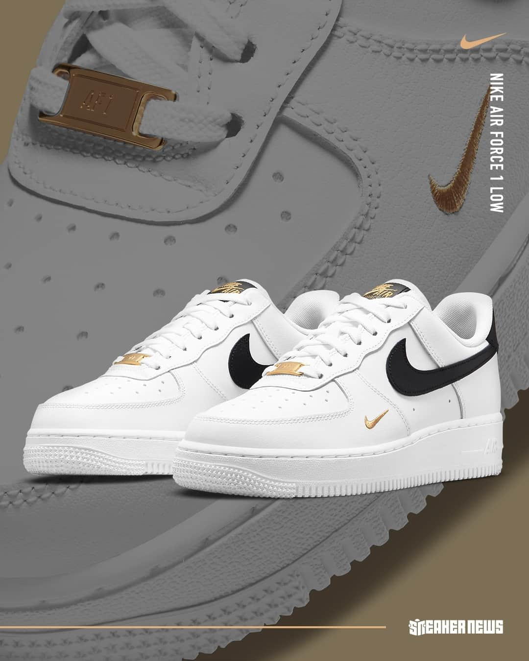 Sneaker Newsさんのインスタグラム写真 - (Sneaker NewsInstagram)「Clean! Nike adds a golden mini-swoosh on the Air Force 1 Low, adding a luxury element to the essential white/black. For a closer look, tap the link in our bio.」2月27日 16時00分 - sneakernews