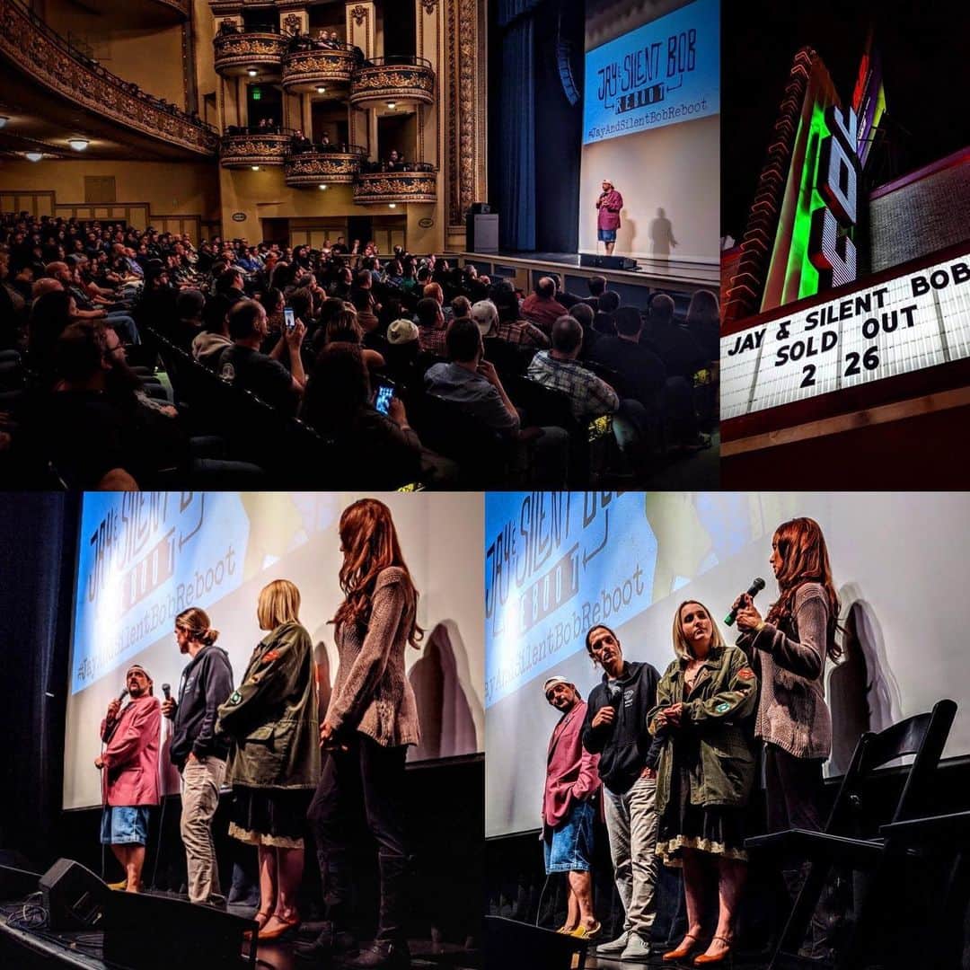 ケヴィン・スミスのインスタグラム：「ONE YEAR AGO TODAY, we wrapped the #jayandsilentbobrebootroadshow at the @joytheater in ol’ #neworleans! It was a return to the scene of the crime of sorts, as we had shot the Reboot in #nola, and @jayandsilentbob couldn’t have ended their tour with a more enthusiastic crowd! And after 65 cities and 95 screenings, it was about time to go home! @jaymewes returned, joined by his movie daughter @harleyquinnsmith and his movie wife @shannonelizabeth! My real life wife @jenschwalbach was there as well and she brought Shecky out on stage to see the crowd! It was a warm, wonderful end to an epic journey that at one point had included a pit stop for a heart attack! The experience of the #jayandsilentbobrebootroadshow was a blissful work vacation where we saw an average of 1000 people every night who all made me feel like I was the funniest filmmaker who ever lived! With this tour, I got to stretch the theatrical life of my 13th film #jayandsilentbobreboot into a way profitable 4 month victory lap, during which I watched the flick with the audience it was intended for every night! We toured America (and Canada) like a punk rock band, driving hundreds of miles every day to theaters fulla fans thanks to our two terrific tour managers @joshroush and @livroush! And none of it would’ve existed without my hetero-lifemate @jaymewes! Massive thanks also go out to @jordanmonsanto & Seth Siegle at @wme! Thank you as well to our tour sponsors @audible and @rawlife247! My biggest thanks go out to the cast and crew of J&SB Reboot, but eternal thanks go out to all the folks who ever came to see us on tour. The Reboot Roadshow was one of my top 5 favorite things I’ve ever done - and thank SMod in Heaven it all ended a minute before the world went into lockdown. All your in-person hugs and raucous laughter may seem like a Covid nightmare now, but it has certainly made my quarantine easier - because right before that shit began, I was having the time of my life! #KevinSmith #jasonmewes #harleyquinnsmith #shannonelizabeth #neworleans #jayandsilentbob」