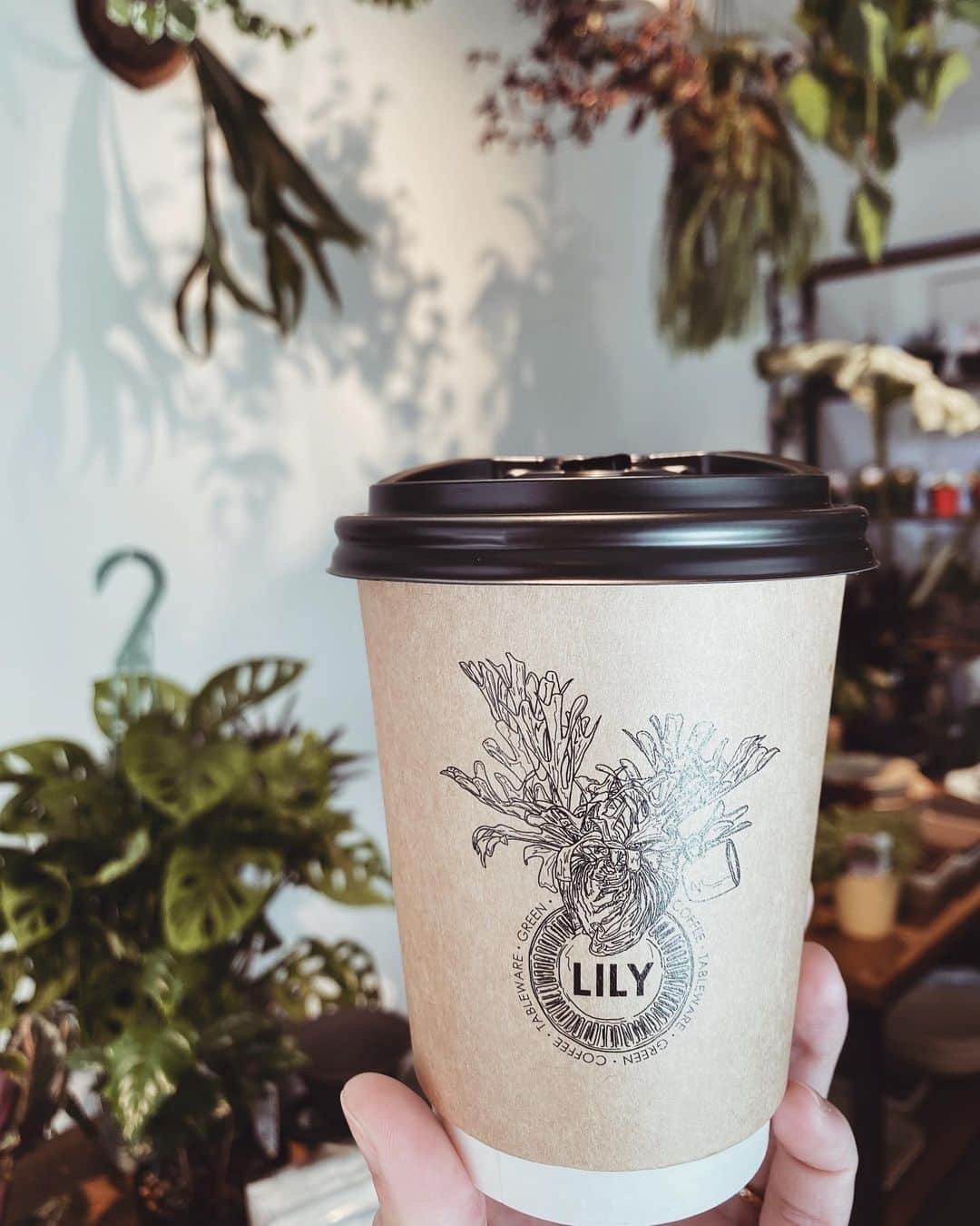 のインスタグラム：「☕️🌿❤️ @lily_green_coffeestand  素敵な週末を☺️🌱  毎日アイスカフェラテを淹れてもらって いるんだけど寒くて今日はホットココアに☕️ 皆様暖かくしてお過ごし下さいね💕  #LILY #coffeestand #観葉植物 #植物のある暮らし」