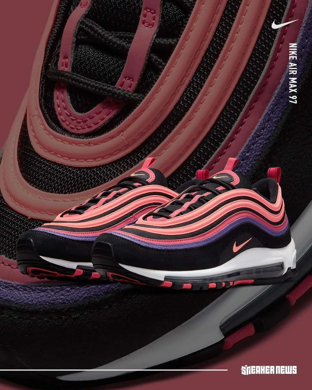 Sneaker Newsさんのインスタグラム写真 - (Sneaker NewsInstagram)「The colors of dusk have set on this Nike Air Max 97, with shades of purple and pink matched with a black base for that looming nightfall look.  Hit the link in our bio to see full  detailed photos.」2月27日 18時00分 - sneakernews