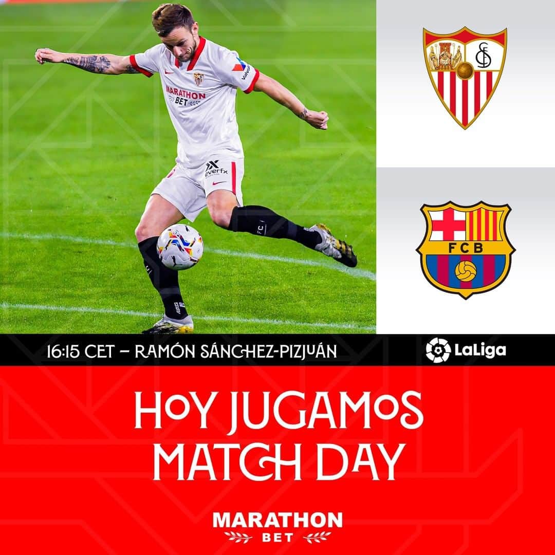 セビージャFCのインスタグラム：「⚽ Jornada de partidazo por todo lo alto 🆚 @fcbarcelona en el Ramón Sánchez-Pizjuán.  ¡𝗦𝗘𝗩𝗜𝗟𝗟𝗔! ¡𝗦𝗘𝗩𝗜𝗟𝗟𝗔! ⚪🔴  #WeareSevilla #SevillaFCBarça #matchday #sevilla #sevillafc」