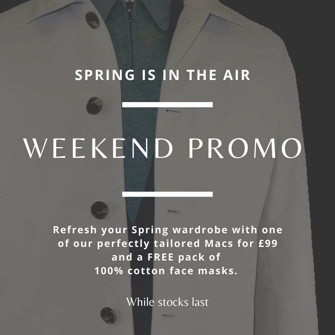 チェスターバリーのインスタグラム：「Weekend Promo ~ spring is in the air. Refresh your wardrobe with one of our perfectly tailored rain macs for just £99, and we’ll add a 3 pack of 100% cotton face masks for free.  Link in Bio • • • #chesterbarrie #cbstyle #springwardrobe #weekendpromo #rainmacs #facemasks #mensstyle #traditional #tailored #mensfashion」