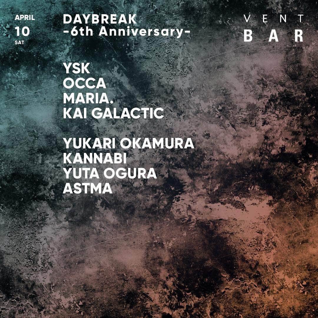 MARIA FUJIOKAのインスタグラム：「4/10(Sat) VENTにて、DAYBREAKの6周年Partyに出演します！ 日本各地からTechno Artistが集結！  Techno を全身で浴びれる一夜となるでしょう！約一年半ぶりのメインフロアです。皆様、応援&踊りまくりにお願いします！！♡  ——————————  【 福岡よりYSK、札幌よりOCCA、大阪よりYukari Okamuraをゲストに迎えDAYBREAKの6周年が4月10日に開催!! 】   https://www.facebook.com/events/3810258269061677    Kai Galacticが主催するDAYBREAKは2015年のスタート以来、国内のアーティストに焦点をあてて開催を続けているテクノパーティーだ。過去にはGONNO、Inner Science、DJ YAZI、Harukaなど海外でも活躍する多くのアーティストをゲストに迎え大きな盛り上がりを見せてきた。6周年のアニバーサリーパーティーとなる今回は、地方のシーンの発展と活性化に寄与してきたアーティストが登場する。    福岡sound space αのオーナーでありPodcast ”Undulate”主宰、ディープテクノを中心に繊細なミックスでトラックを重ね合わせフロアを催眠的な空間へと導くYSKは、国内の様々なローカルDJを独自の視点からフックアップし北九州のシーンを牽引／活性化してきた。札幌からは数々のアーティストがプレイを熱望する老舗クラブPrecious Hallで自身のパーティーArchivを主宰し、DJ NOBUをはじめとする日本が世界に誇る屈指のDJ達を招聘し札幌発信のテクノアイコンとして認知を広めてきたOCCAが登場し、荒れる吹雪の様な煙たいミニマル、空間を拡げる様なサイケデリックなエレクトロニックミュージック等を緻密かつ能動的なミックスにより繋ぎ合わせ、聴く者の深層意識にシンクする事を誘う。    加えてROOM1には、疾走感あるアシッド／ハード／サイケデリック・テクノをプレイするMARIA.と、主催のKai Galacticが彼の持ち味であるヒプノティックなサウンドと合わせて6周年にふさしいパワー溢れるセットを披露する。    ROOM2のヘッドライナーには、こちらも大阪を拠点としてCircular LimitedやOccultech Recording、Oslatedなどの著名なディープテクノレーベルからリリースを重ねるYukari Okamuraが登場。またダブの煙たさやミニマル性をテクノに落とし込んだプレイスタイルのkannabi、Neuronを主催しテクノを中心とした選曲で立体感あるフロアを創り上げるYuta Ogura、剛的なテクノにノイズや実験音楽などを繊細にレイヤリングするプレイが特徴的なAstmaが東京ローカルからラインナップ。    テクノを様々な解釈でプレイするアーティストが集ったDAYBREAKのアニバーサリーパーティーを、VENTの上質なサウンドシステムで体感して欲しい。    VENTは営業再開に向け、週末に不定期のBAR営業をスタートしました。さまざまなガイドラインに沿った制約の中での営業となりますが、何卒ご了承ください。    - DAYBREAK -6th Anniversary- / VENT BAR -   DATE: 4/10 (SAT) OPEN: 23:00 DOOR: ¥2,500 BEFORE 0AM: ¥1,000 LIMITED ADVANCE TICKET: ¥2,000（優先入場） FB DISCOUNT: ¥2,000   =ROOM1= YSK (Undulate / sound space α) OCCA (Archiv) MARIA. (Sound Factory) Kai Galactic (DAYBREAK / FUSION)   =ROOM2= Yukari Okamura kannabi (Katharsis) Yuta Ogura (Neuron / Low Tech Circus) Astma    ※ VENTでは、20歳未満の方や、写真付身分証明書をお持ちでない方のご入場はお断りさせて頂いております。ご来場の際は、必ず写真付身分証明書をお持ち下さいます様、宜しくお願い致します。尚、サンダル類でのご入場はお断りさせていただきます。予めご了承下さい。   ※ Must be 20 or over with Photo ID to enter. Also, sandals are not accepted in any case. Thank you for your cooperation.  #Vent」
