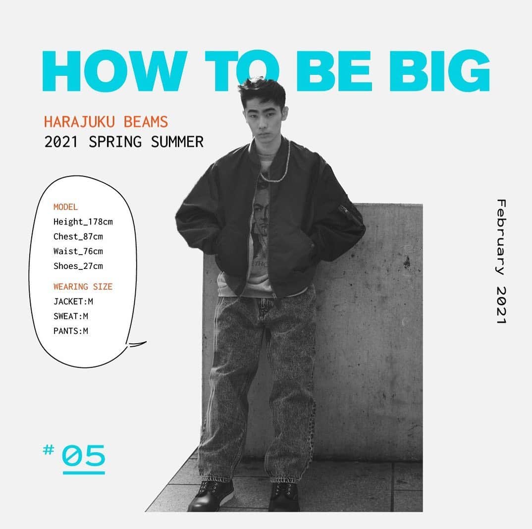 beams_harajuku_officialのインスタグラム：「LOOK 5 KEY ITEMS ITEM DESCRIPSTION by MOTOKI YOSHIKAWA（BEAMS Men’s Casual Director） ”BIG”MA-1 FLIGHT JACKET / BEAMS ¥19,800(in tax) 巷に溢れるただのオーバーサイズのMA-1との大きな違いは袖。袖口にタマリがでるよう裄丈を長くし、袖全体を大きめに設定。オリジナルに近い見え方でありながらビッグシルエットにアップデートさせています。  ”BIG”SWEATSHIRT / BEAMS ¥11,800(in tax) 60sアーカイブからアイディアを得たスウェットをビッグサイズにすることで現代らしいアイテムへ昇華させています。オリジナルに忠実なプリントを通常より大きいサイズで施し、当時は脇接ぎの無い丸胴ですが、それではルーズフィットが表現できないため脇ハギを同色ステッチで極力目立たない様に仕上げています。  ”BIG”DENIM PANTS / BEAMS ¥19,800(in tax) バギーシルエットにプリーツを入れることで、全体的にボリュームを持たせたワイドテーパーデニム。普通のワイドデニムより独特の丸みが出て、フィッティングの良いビッグシルエットになりました。  STYLING POINT by TEPPEI（STYLIST） このスタイリングは着用しているアイテムがすべてビッグシルエットになっていて、〈レッドウィング〉のブーツで足元までボリューム感を意識しています。MA-1や音楽家モチーフにも語れるポイントはあるのですが、一番はケミカルウォッシュのバギーデニム。普段のマイサイズから2～3インチアップさせて作るシルエットがジャストサイズで表現されているので、テクニックがいる着こなしが簡単に楽しめます。アクの強い色落ちでもシルエットがこなれている分、新鮮に受け取ってもらえるのではないでしょうか。  @beams_harajuku_official  #how_to_be_big #BEAMS #ビームス #redwing #レッドウイング #2021ss #春ファッション #メンズコーデ #メンズファッション #ビッグシルエット」