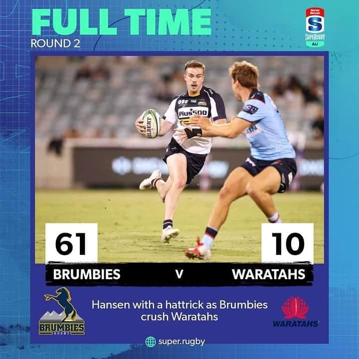 Super Rugbyさんのインスタグラム写真 - (Super RugbyInstagram)「FULL-TIME! A MASSIVE bonus point win from the Brumbies as they keep Waratahs scoreless in the second half!  #BRUvWAR #SuperRugbyAU」2月27日 19時46分 - superrugby